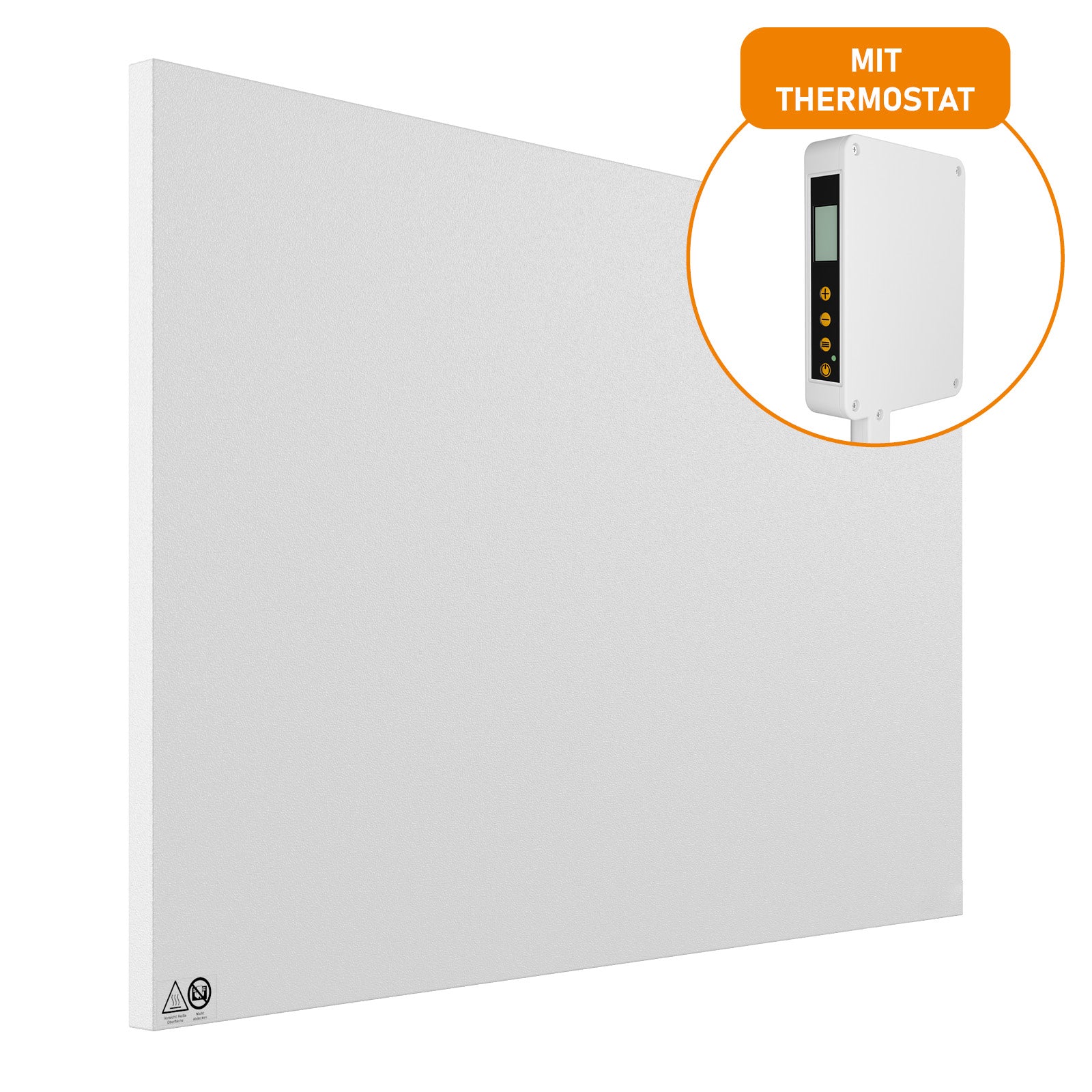 Weiße flache Infrarotheizung mit integriertem digitalem Thermostat und minimalistischer Oberfläche.