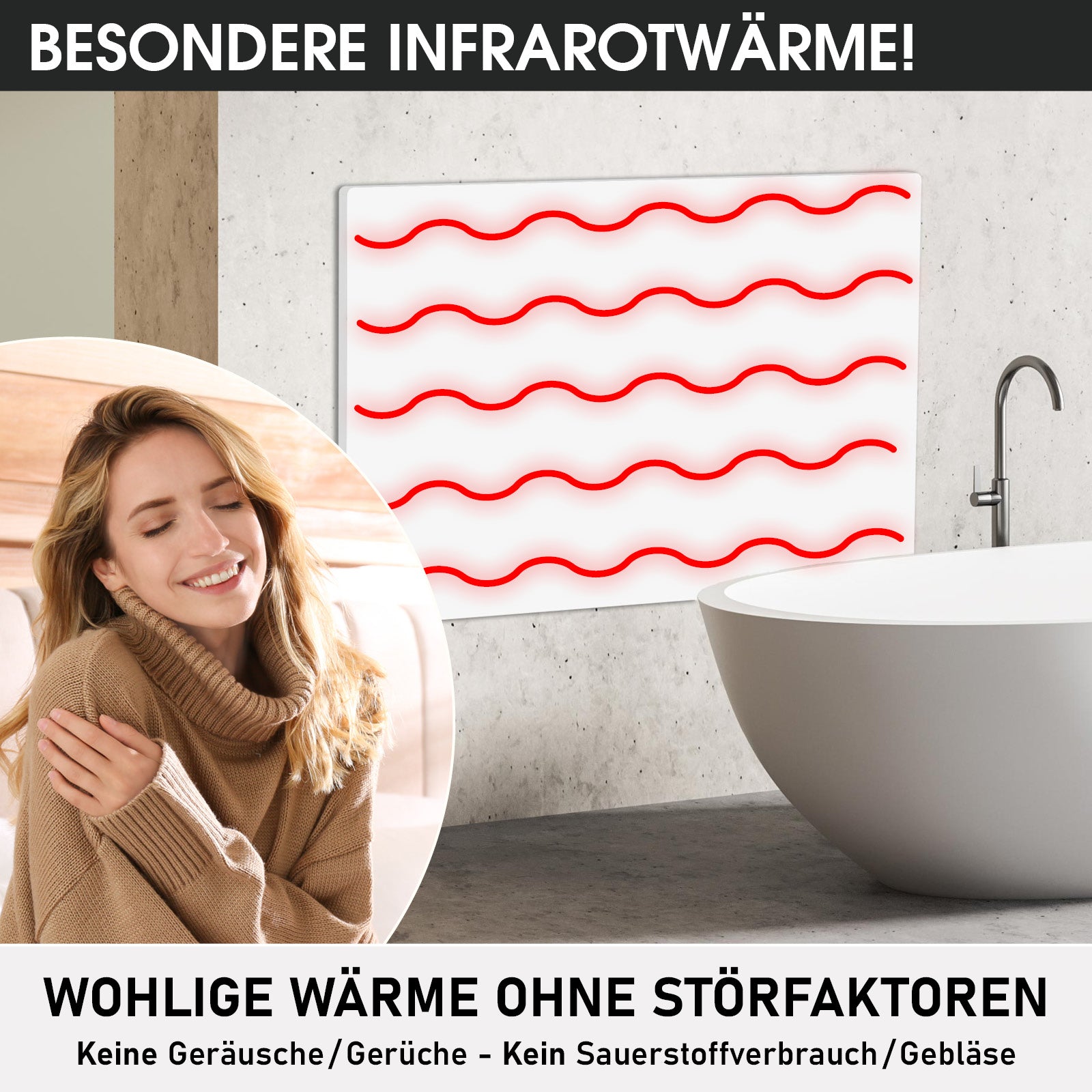 Weiße rechteckige Infrarotheizung mit rotem Wellenmuster an modernem Badezimmerwand.