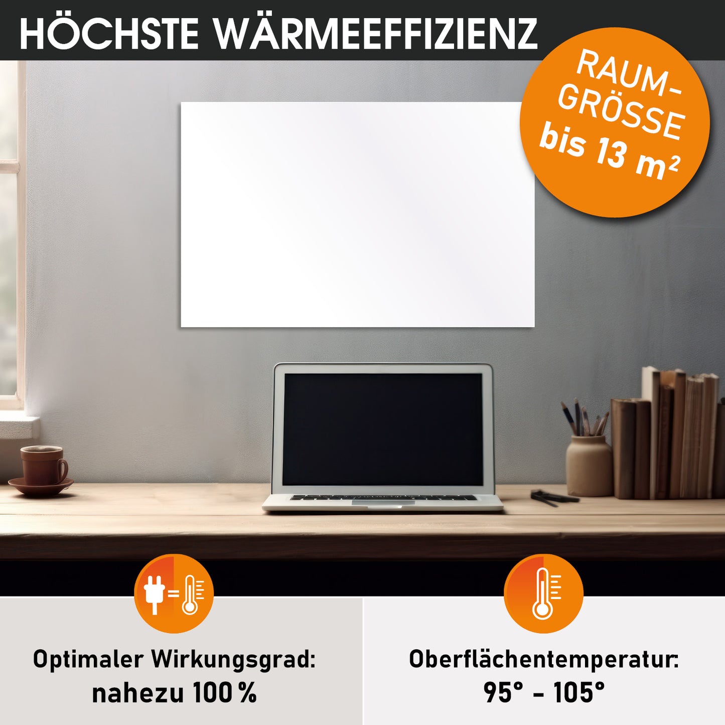Weiße rechteckige Infrarotheizung an grauer Wand über Holzschreibtisch mit Laptop.