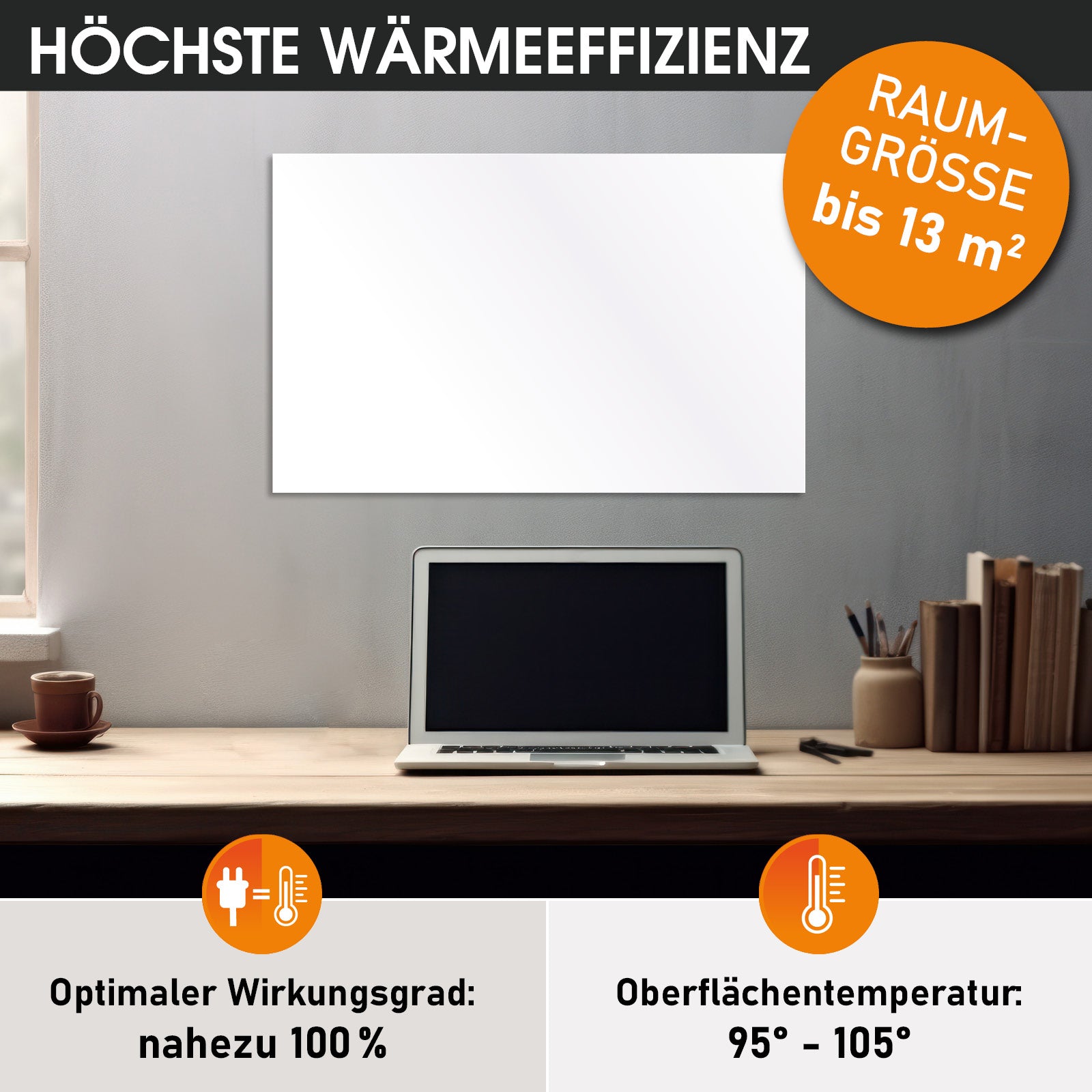 Weiße rechteckige Infrarotheizung an grauer Wand über Holzschreibtisch mit Laptop.