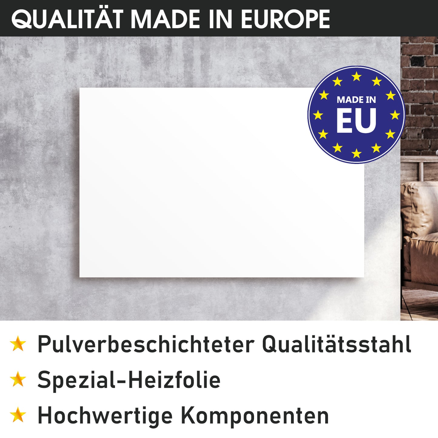 Weiße, rechteckige Infrarotheizung aus pulverbeschichtetem Stahl mit Thermostat, modern und flach.