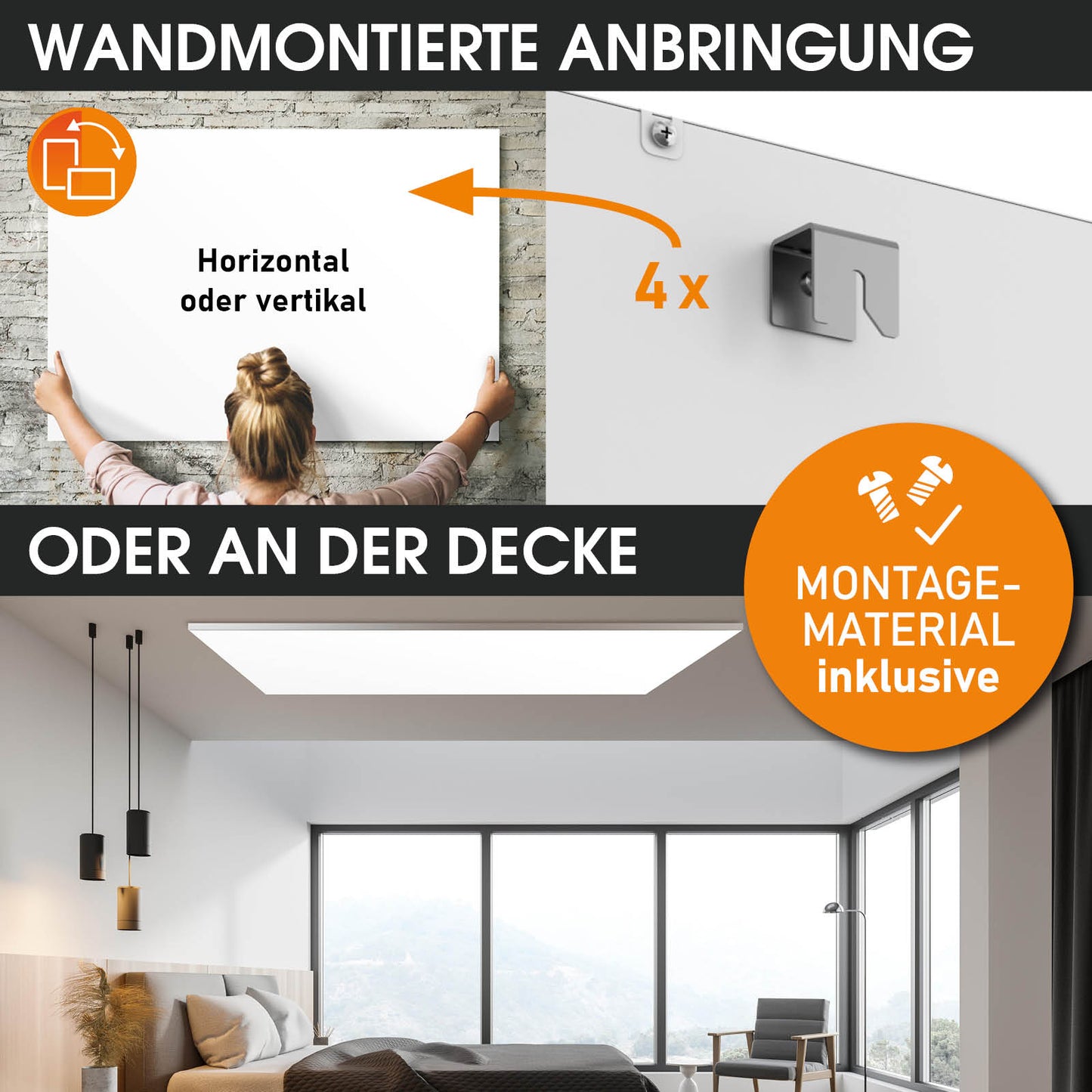 Montagebeispiele der weißen BRAST Infrarotheizung horizontal, vertikal und an der Decke mit Montagehalterungen.