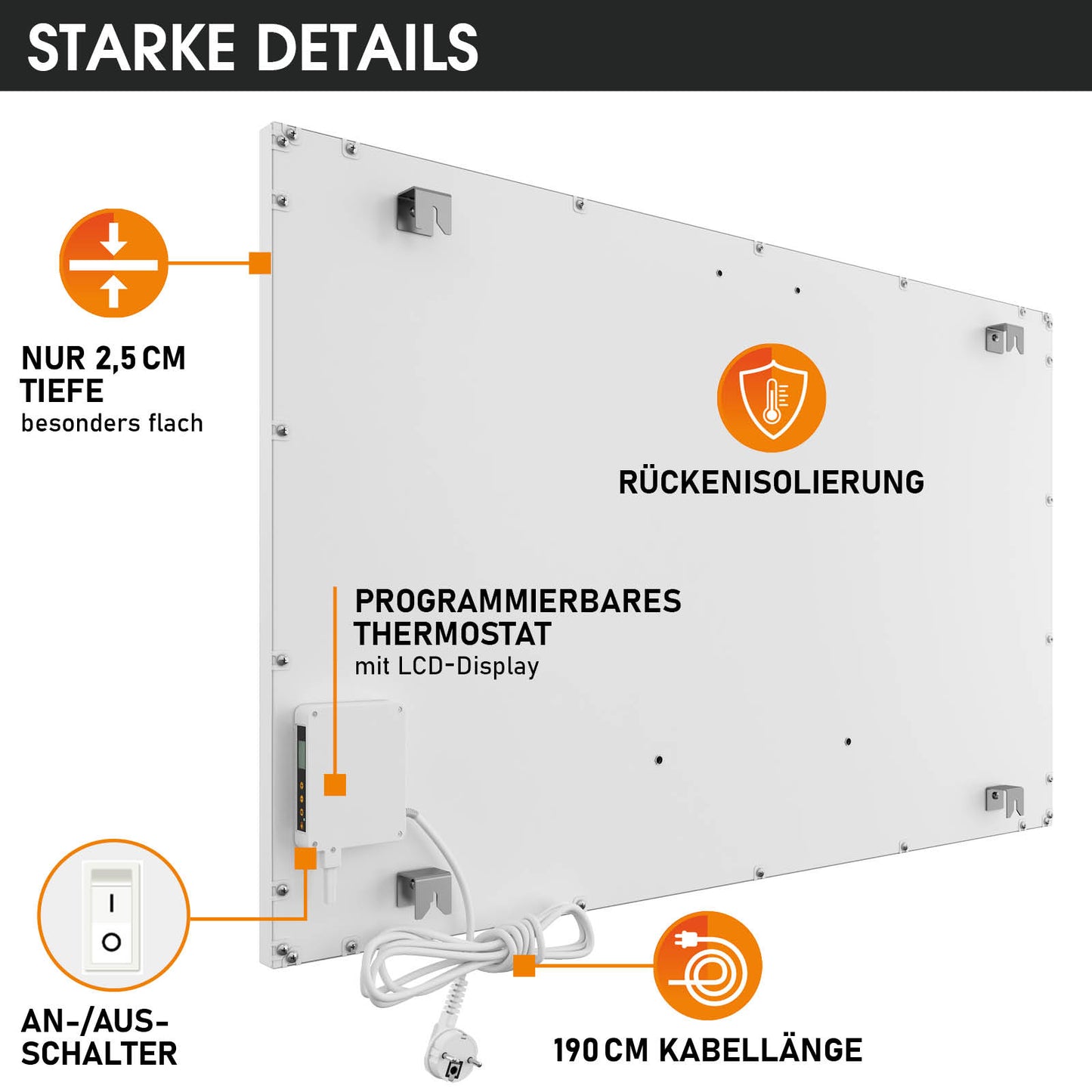 Weiße dünne Infrarotheizung mit Thermostat, LCD-Display und 190 cm Kabellänge, Rückseitenisolierung.