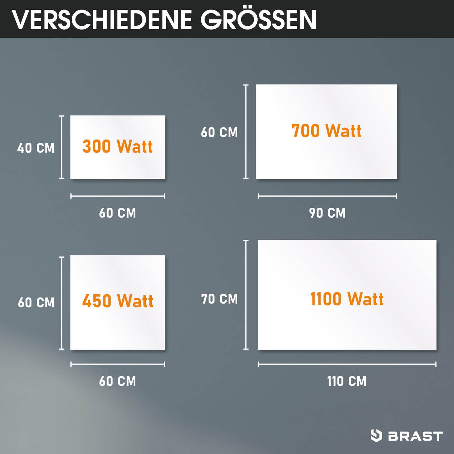 Vier verschiedene weiße rechteckige Infrarotheizungen in unterschiedlichen Größen und Wattzahlen mit Maßangaben.