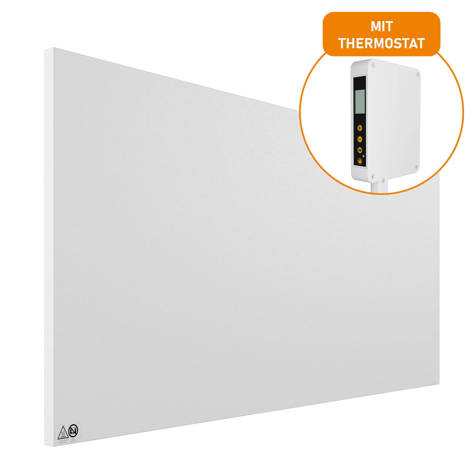 Weiße flache Wandmontage Infrarotheizung mit integriertem Thermostat und digitaler Steuerung.
