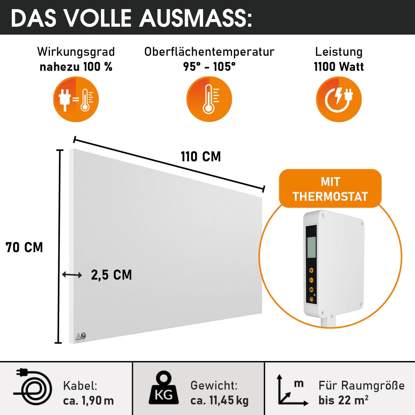 Weiße flache Infrarotheizung 110 cm x 70 cm mit Thermostat und 1100 Watt Leistung.
