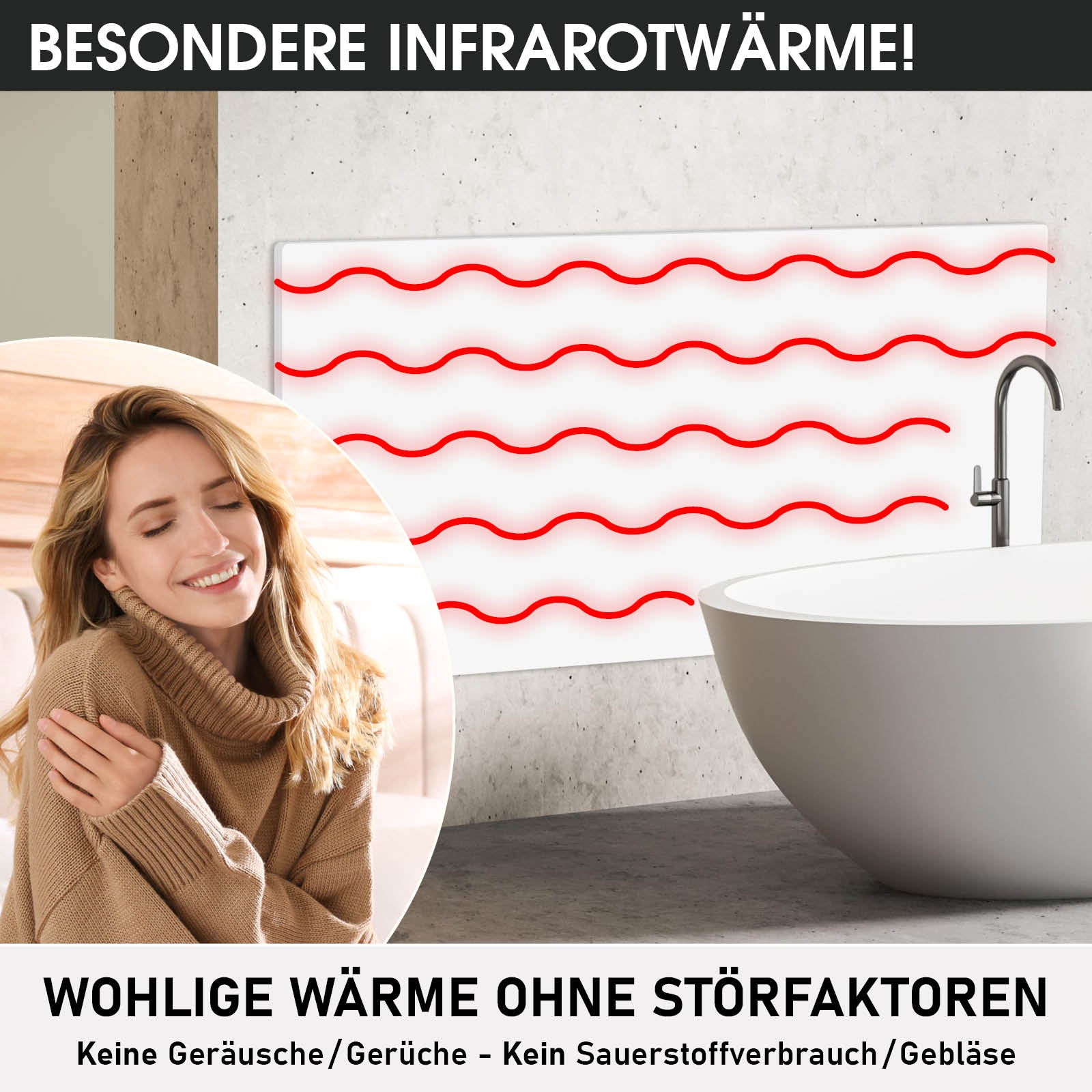 Weiße Wand-Infrarotheizung mit rotem Wellenmuster und Thermostat im modernen Badezimmer.