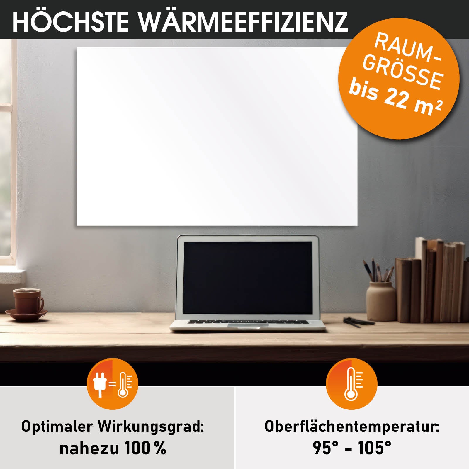 Weiße rechteckige Infrarotheizung mit glatter Oberfläche über einem Schreibtisch mit Laptop und Büchern.