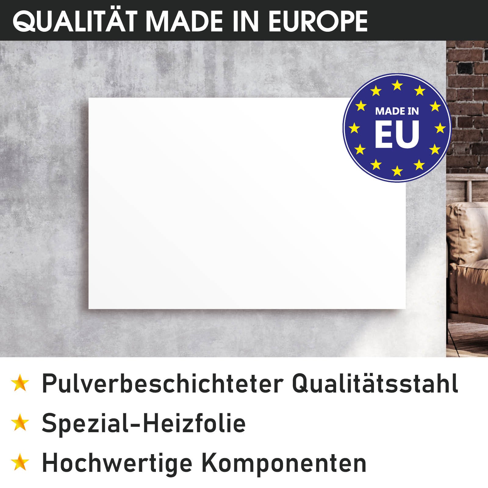 Weiße rechteckige Infrarotheizung aus pulverbeschichtetem Stahl mit glatter Oberfläche.