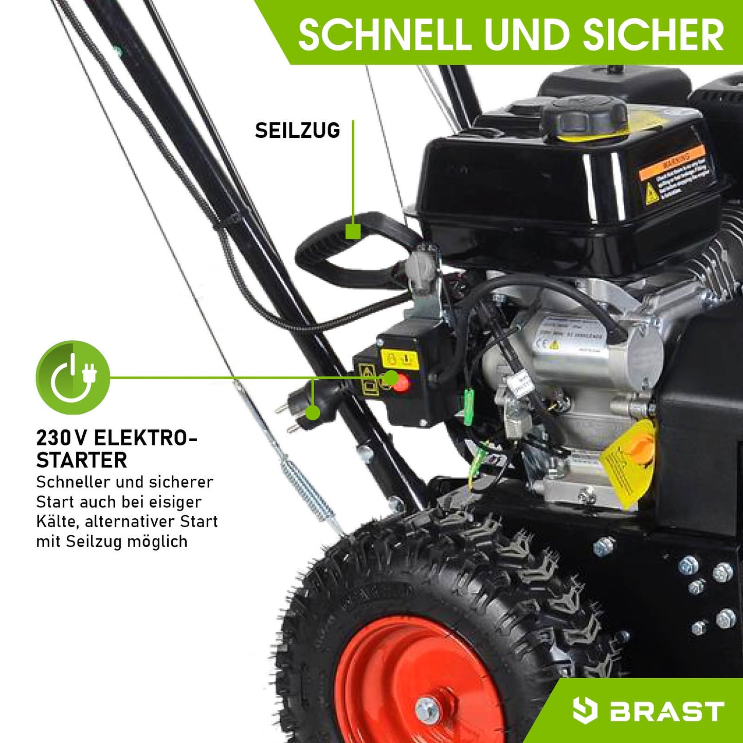 Schwarze Benzin Kehrmaschine mit roten Rädern und sichtbarer Kehrwalze, Motorbesen und Schneekehrmaschine Funktionen.