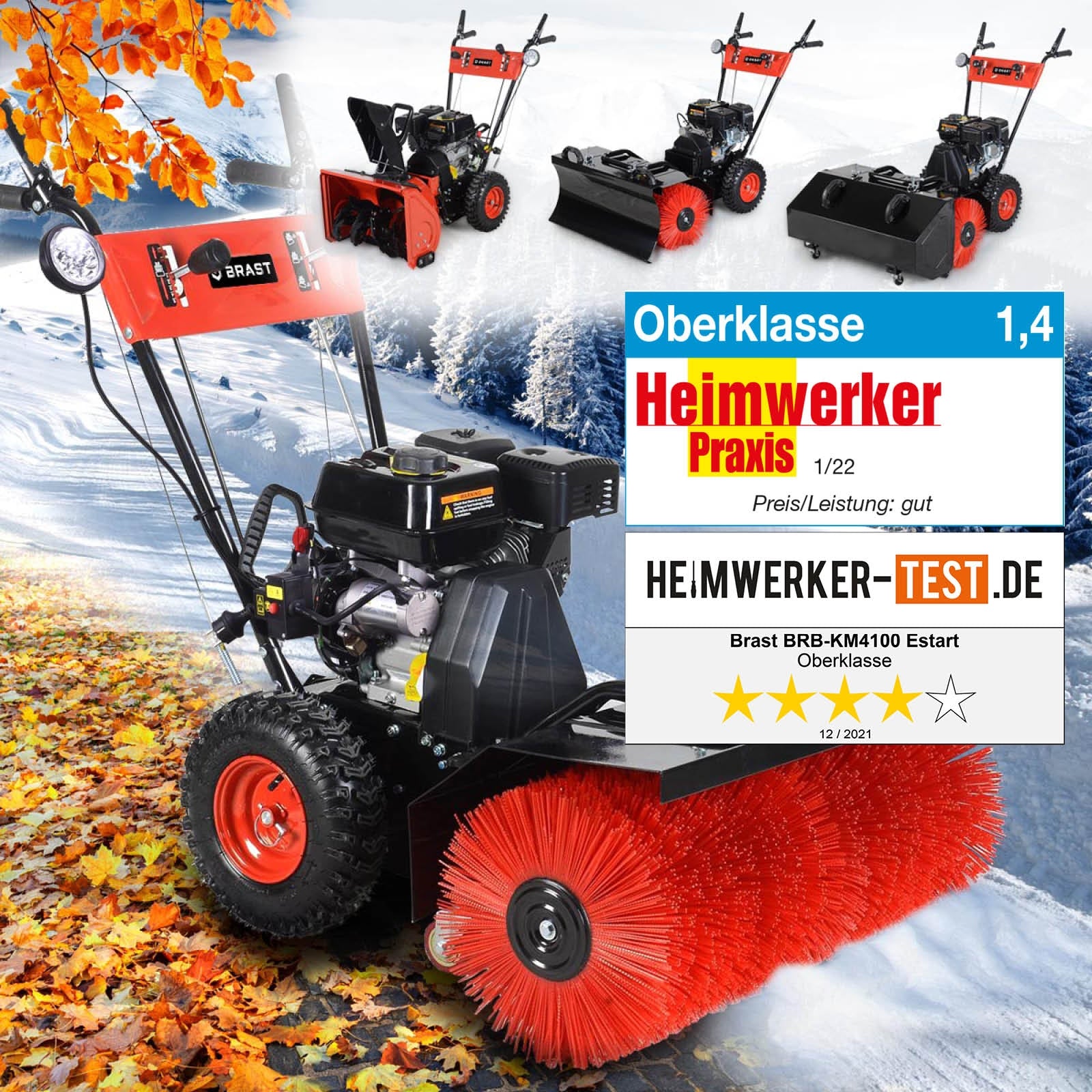 Rote Kehrwalze an schwarzer Benzin Kehrmaschine mit Schneekehrmaschine und Motorbesen Funktionen.