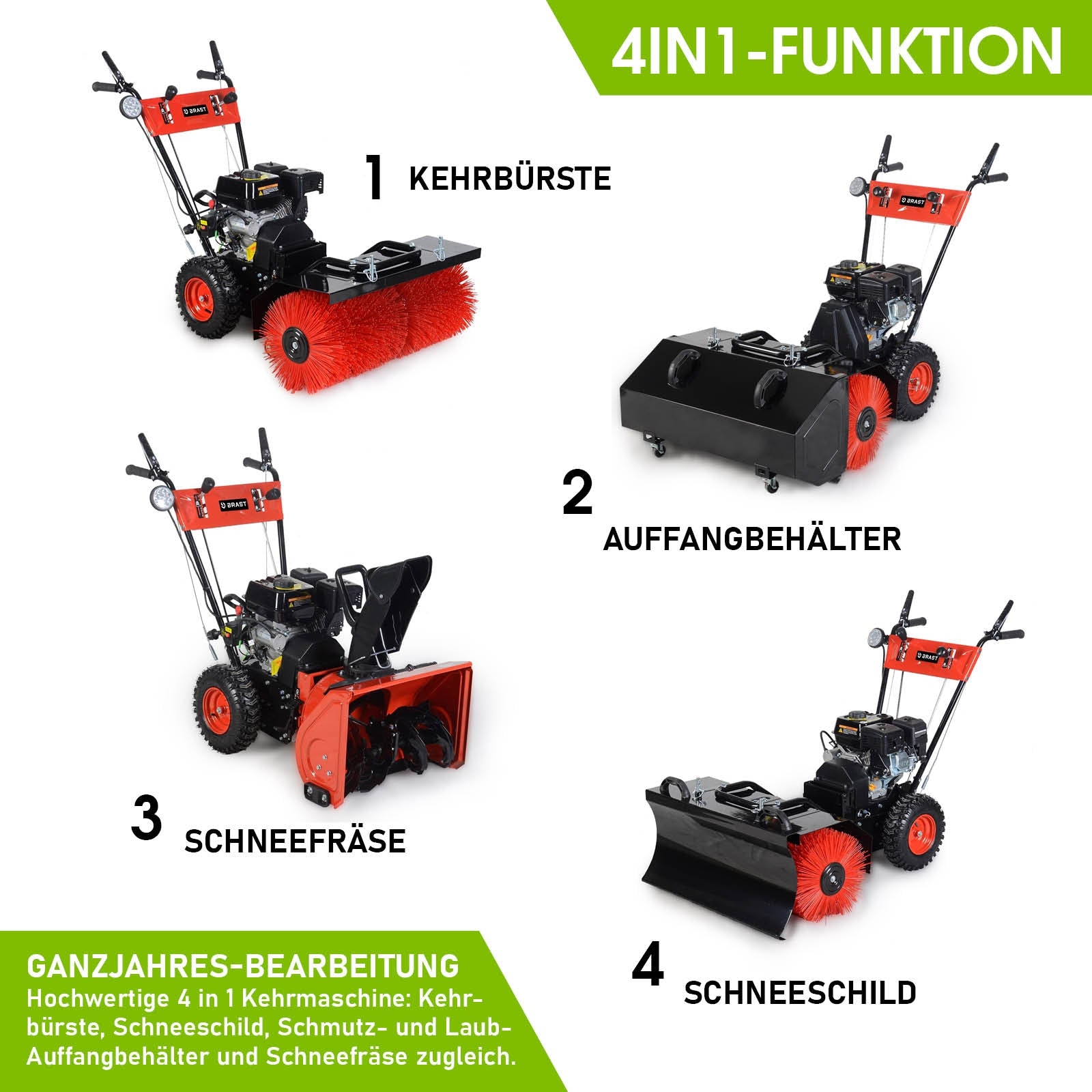 Rote Benzin Kehrmaschine mit Kehrwalze, Schneefräse, Schneeschild und Auffangbehälter, Motorbesen 4in1 Schneekehrmaschine.