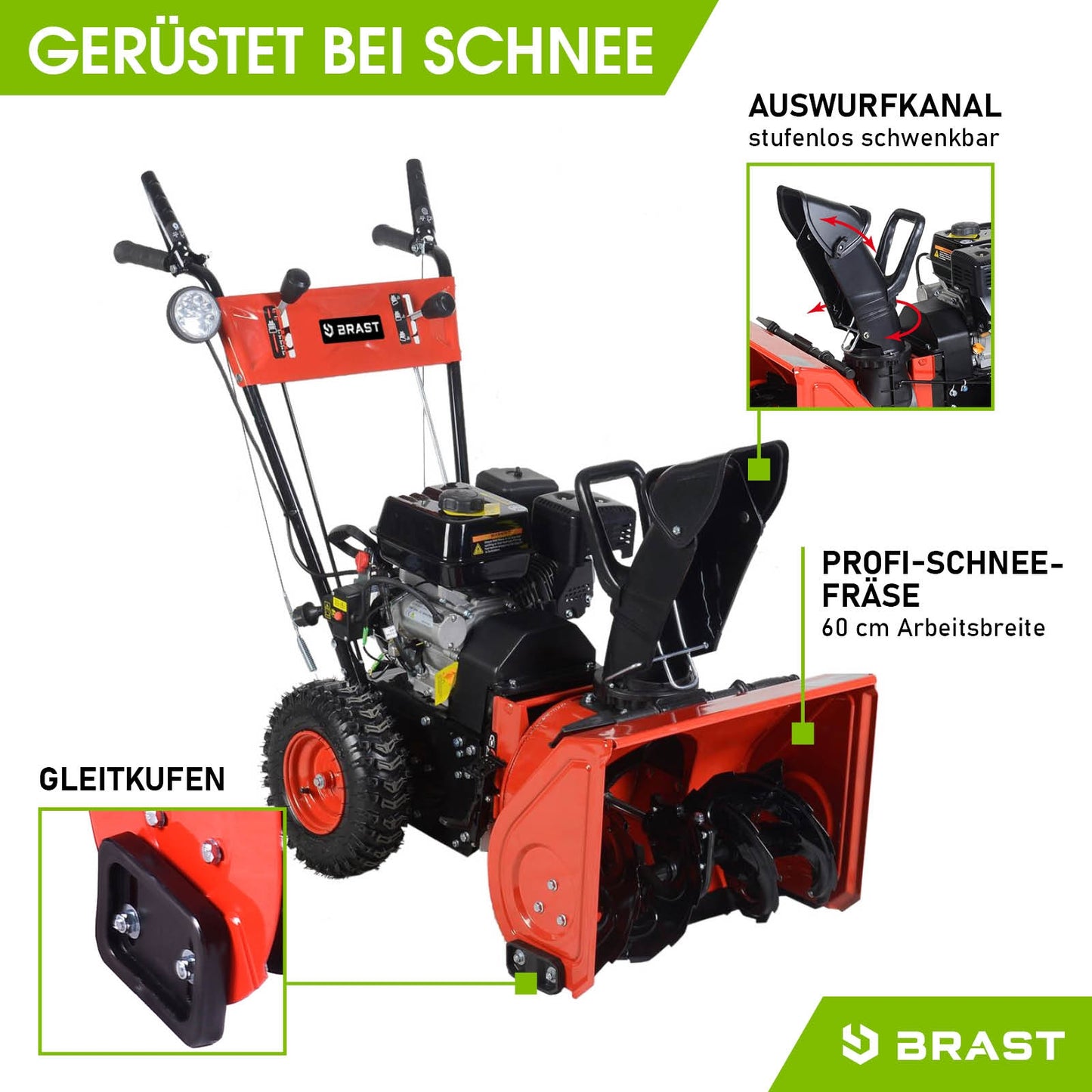 Rote Benzin Kehrmaschine mit Kehrwalze, Schneekehrmaschine und Motorbesen, Gleitkufen, Auswurfkanal und Profi-Schneefräse.