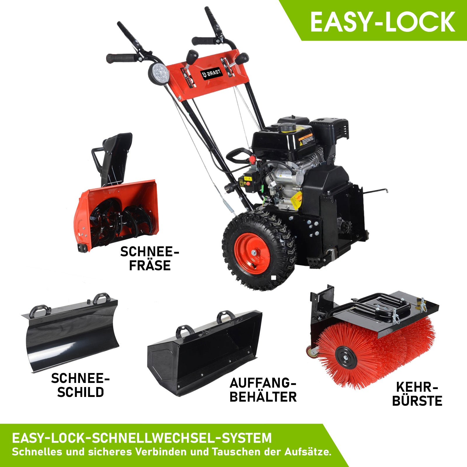Rote Benzin Kehrmaschine mit Kehrwalze, Schneefräse, Schneeschild und Auffangbehälter, Motorbesen mit Easy-Lock-System.