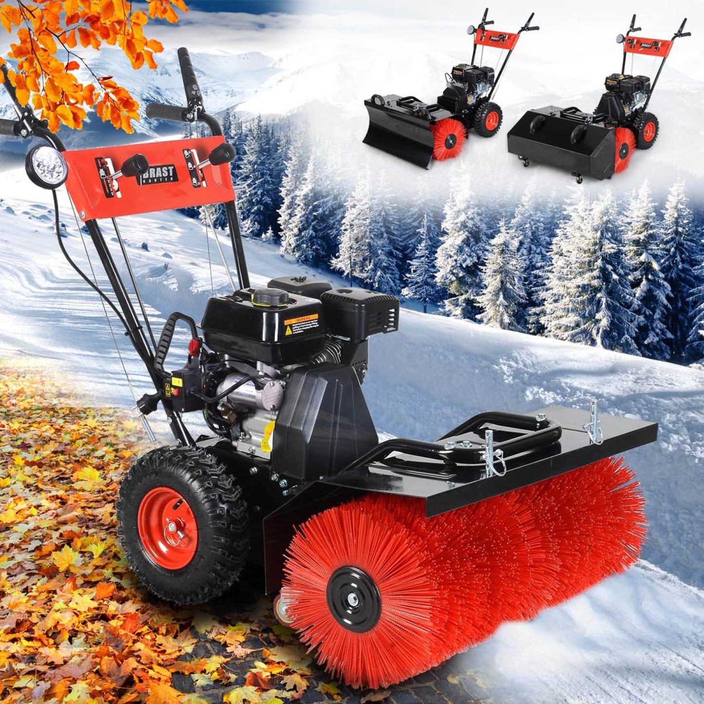 Rote Benzin Kehrmaschine mit großer Kehrwalze und Schneekehrmaschine-Funktion, Motorbesen mit E-Start und robustem Design.