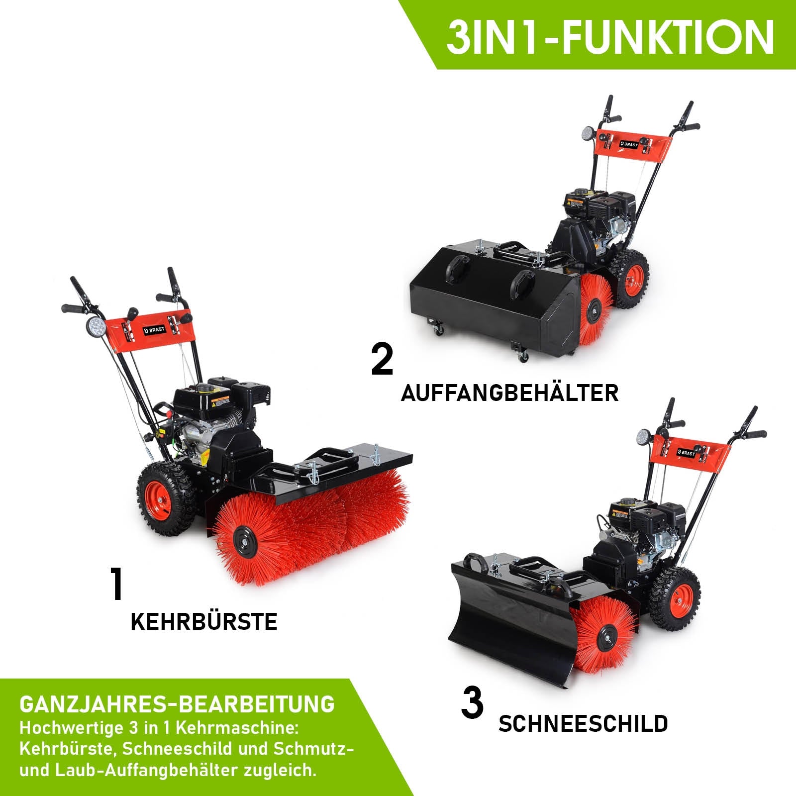 Benzin Kehrmaschine mit roter Kehrwalze, Schneeschild und Auffangbehälter, Motorbesen 3 in 1.