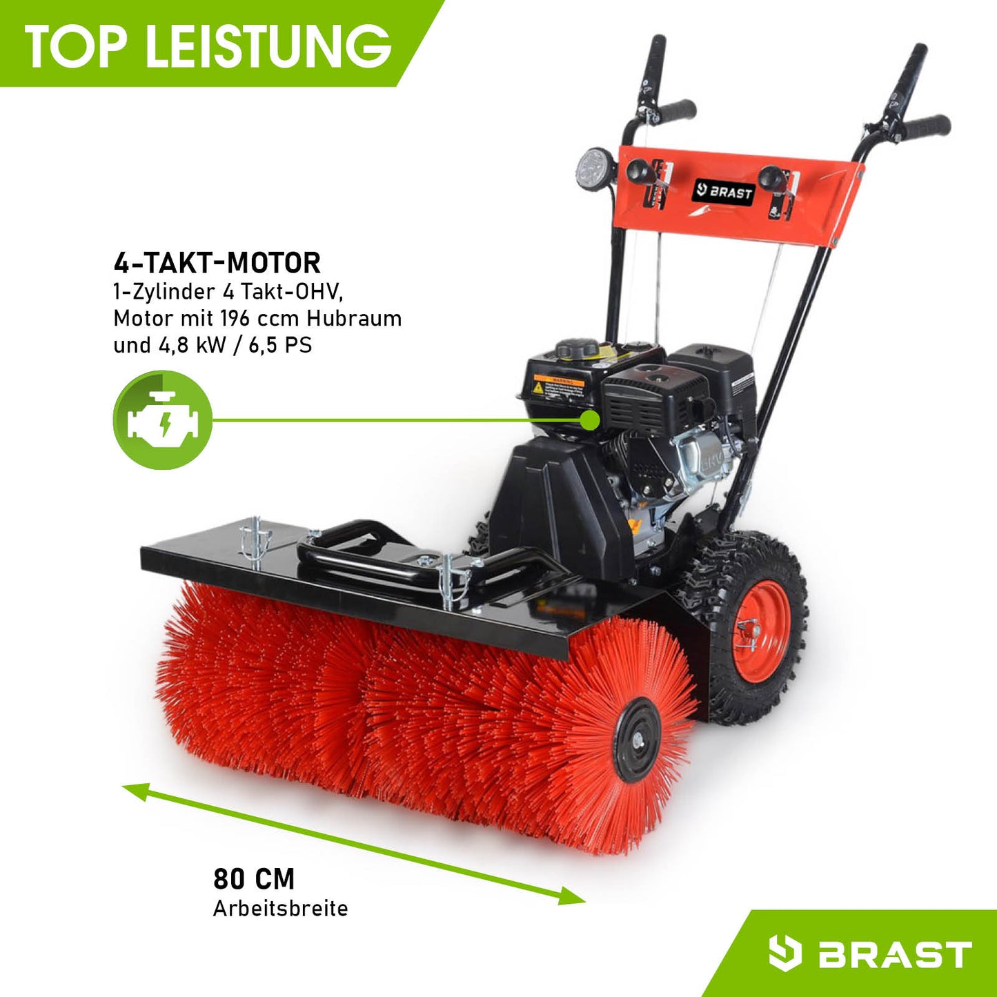 Rote Kehrwalze an Benzin Kehrmaschine BRAST 3in1 mit 80 cm Arbeitsbreite und Motorbesen.