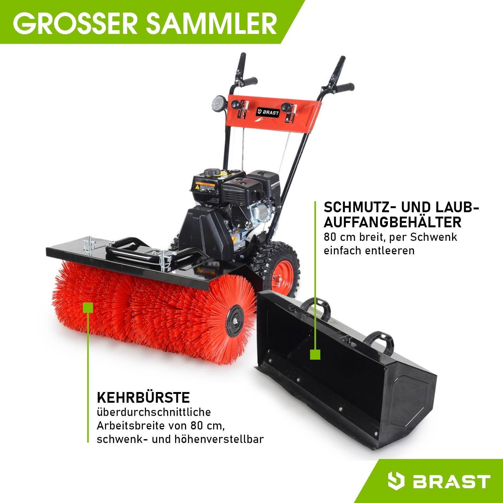 Rote Kehrwalze an schwarzer Benzin Kehrmaschine mit Schmutz- und Laubauffangbehälter und Motorbesen.