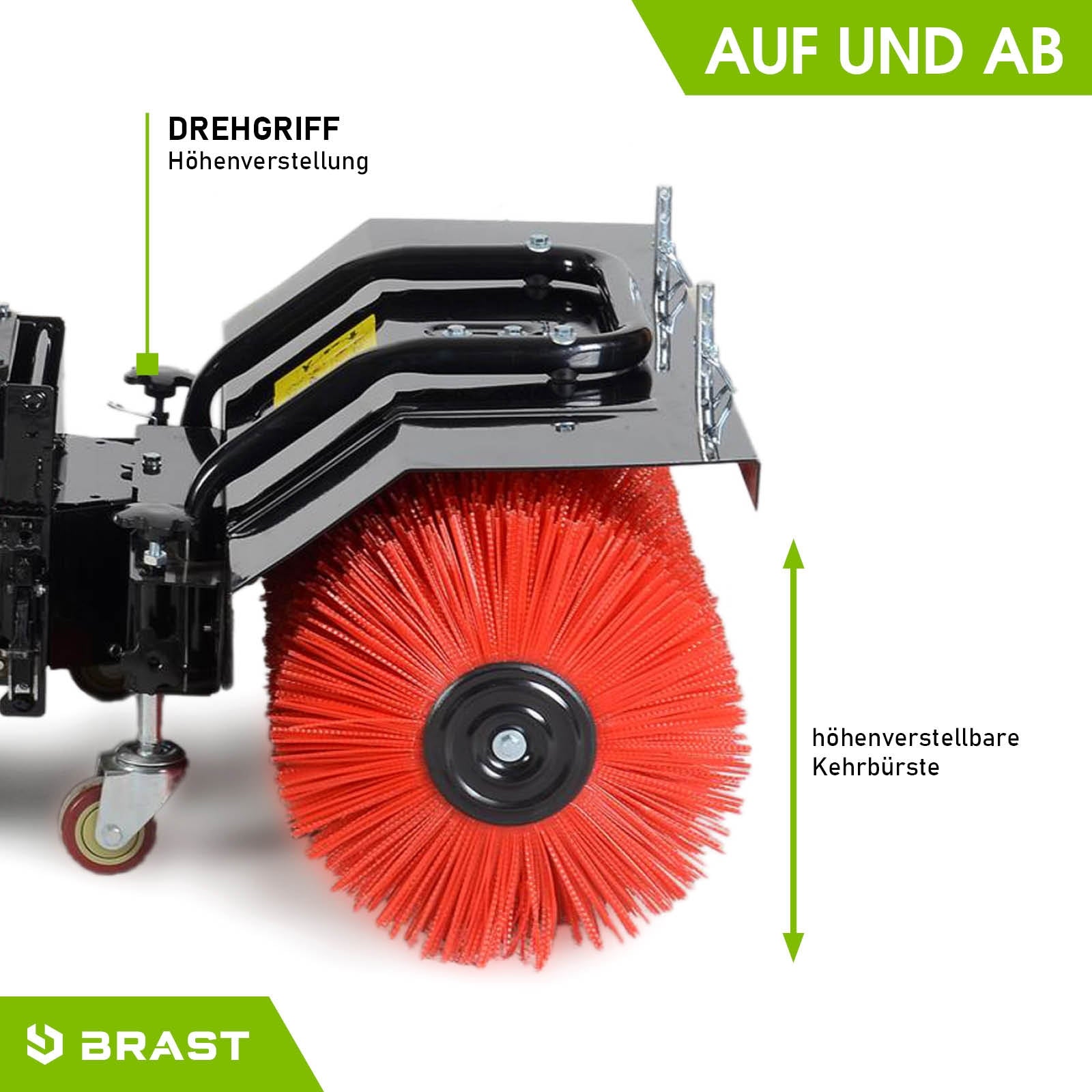 Rote Kehrwalze der Benzin Kehrmaschine mit höhenverstellbarem Griff und Kehrbürste für Motorbesen und Schneekehrmaschine.