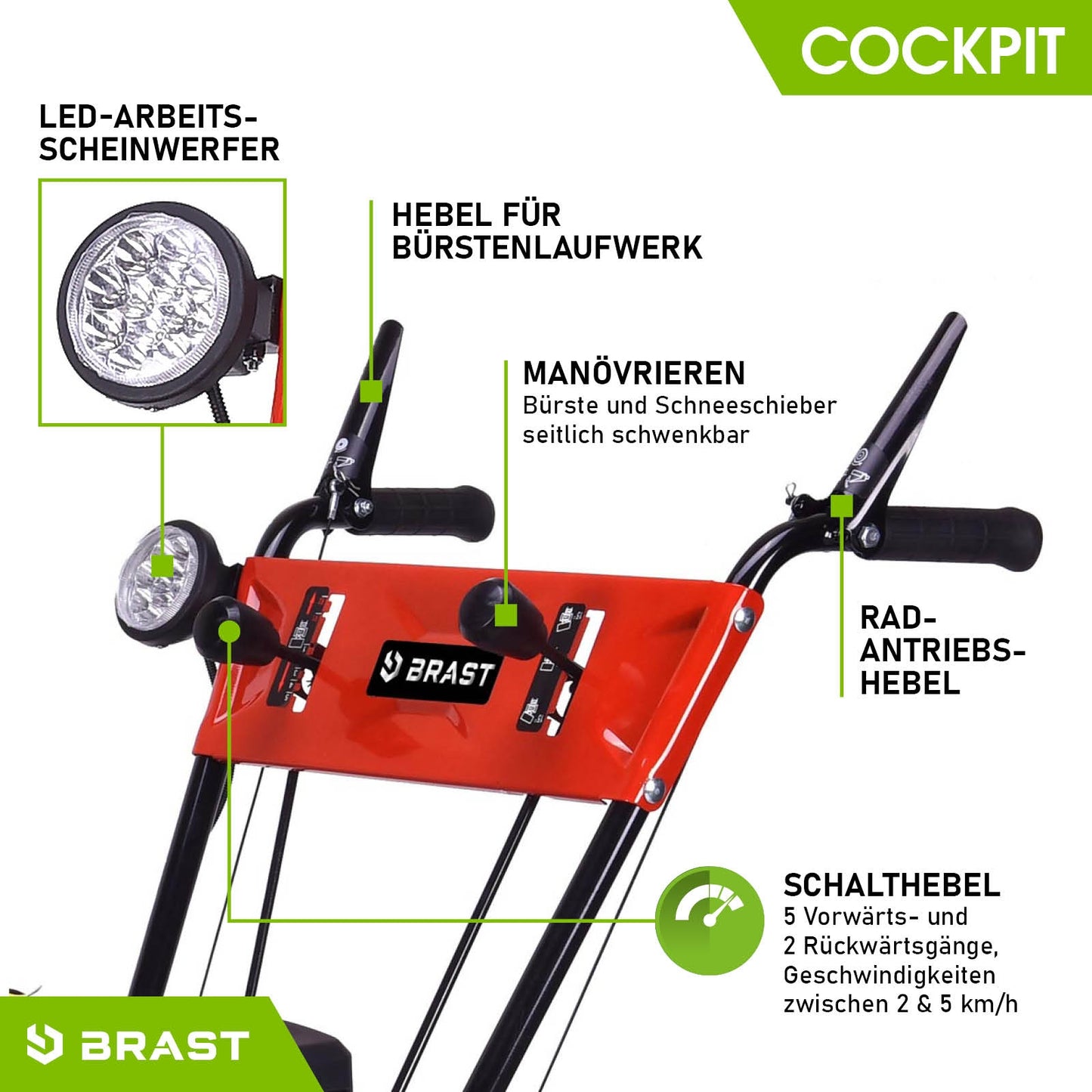 Rote Benzin Kehrmaschine mit Kehrwalze, Motorbesen und Schneekehrmaschine-Features, beleuchteter LED-Arbeitsscheinwerfer.