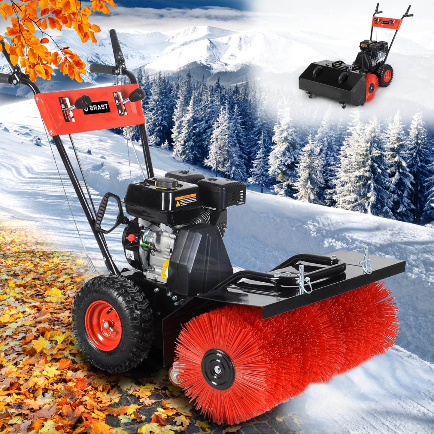 Rote Benzin Kehrmaschine mit großer Kehrwalze und Motorbesen für Schnee und Laub.