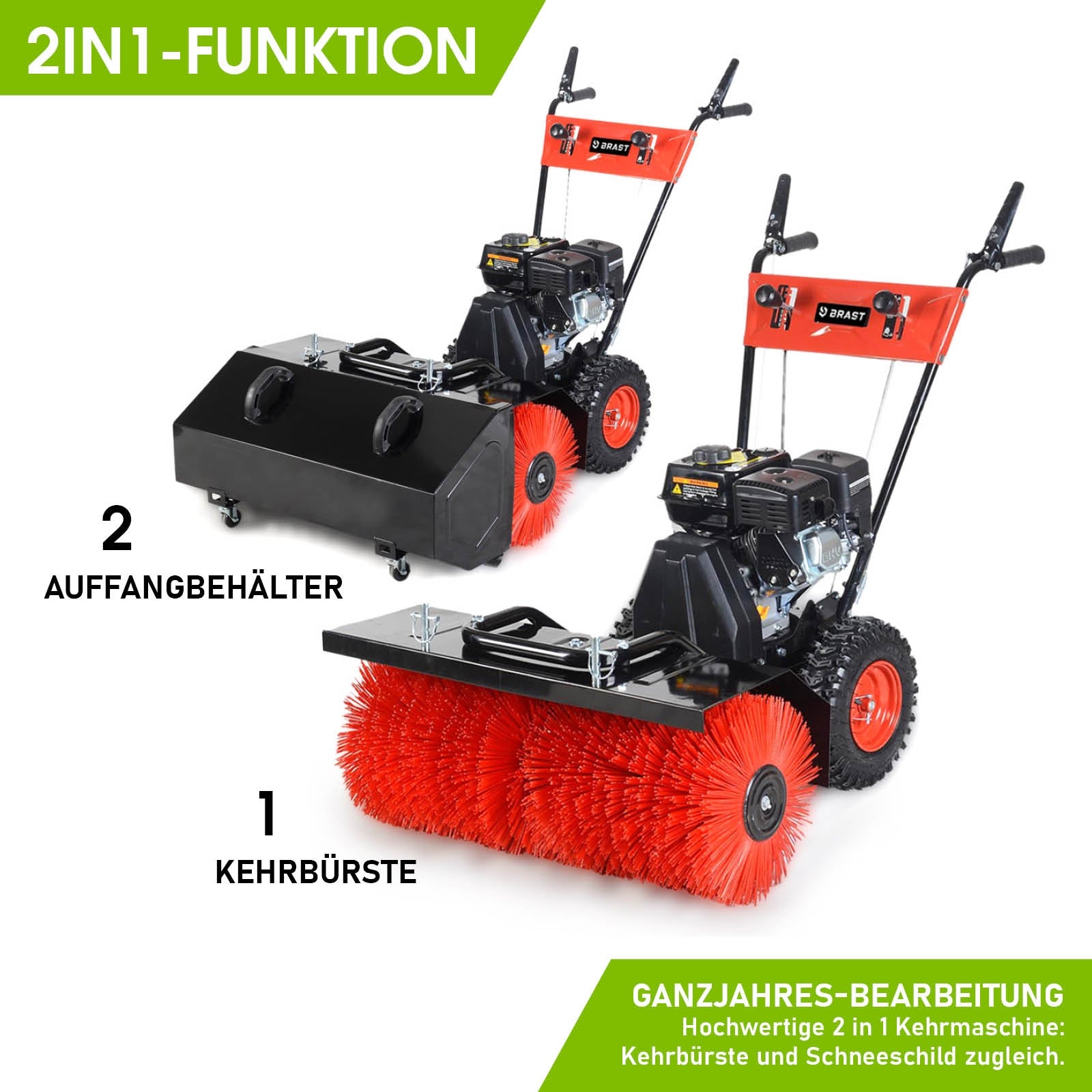 Rote Kehrwalze und Auffangbehälter an Benzin Kehrmaschine mit 2in1 Funktion, Motorbesen und Schneekehrmaschine.