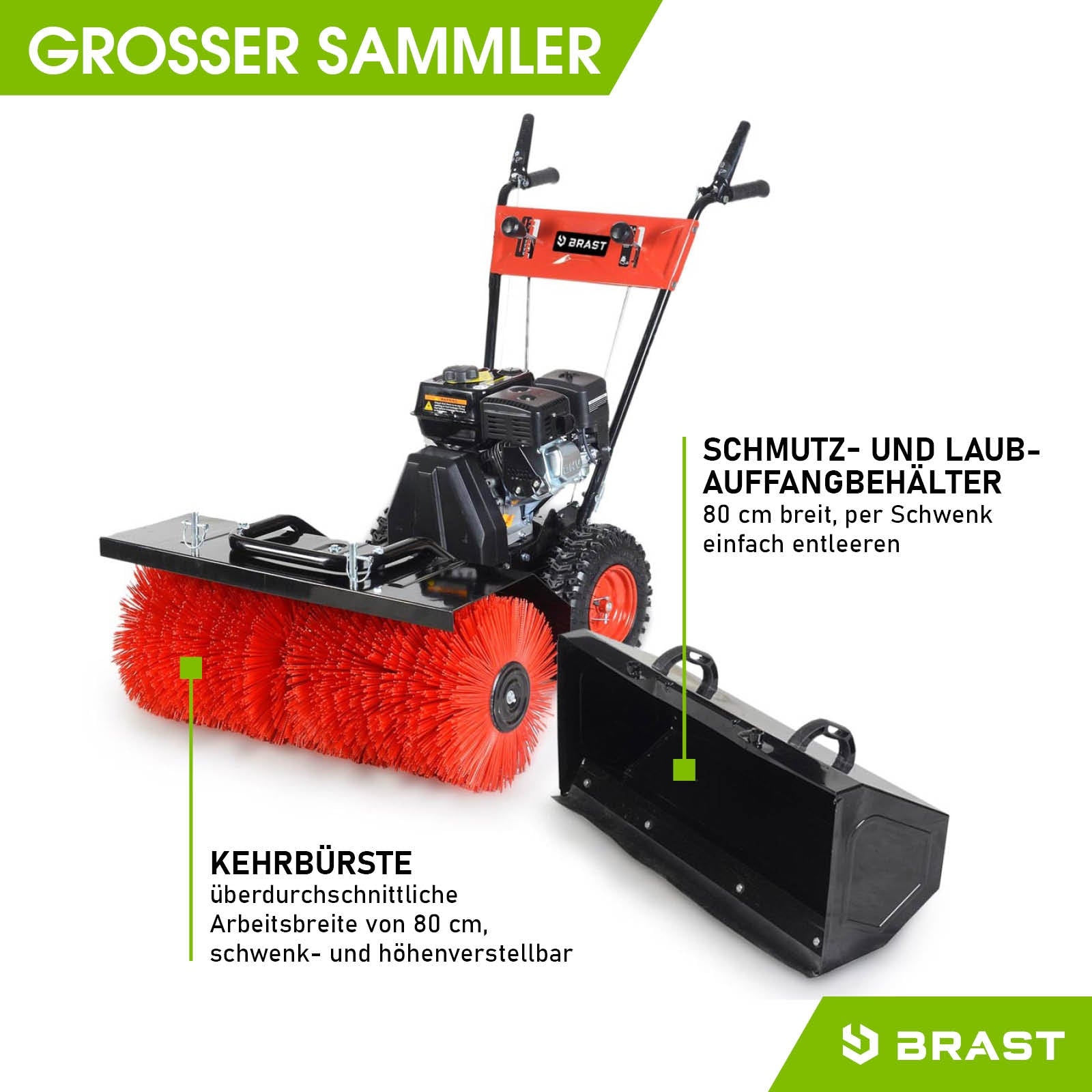 Rote Kehrwalze und schwarze Schneekehrmaschine mit Benzin Motorbesen und großem Schmutzauffangbehälter.