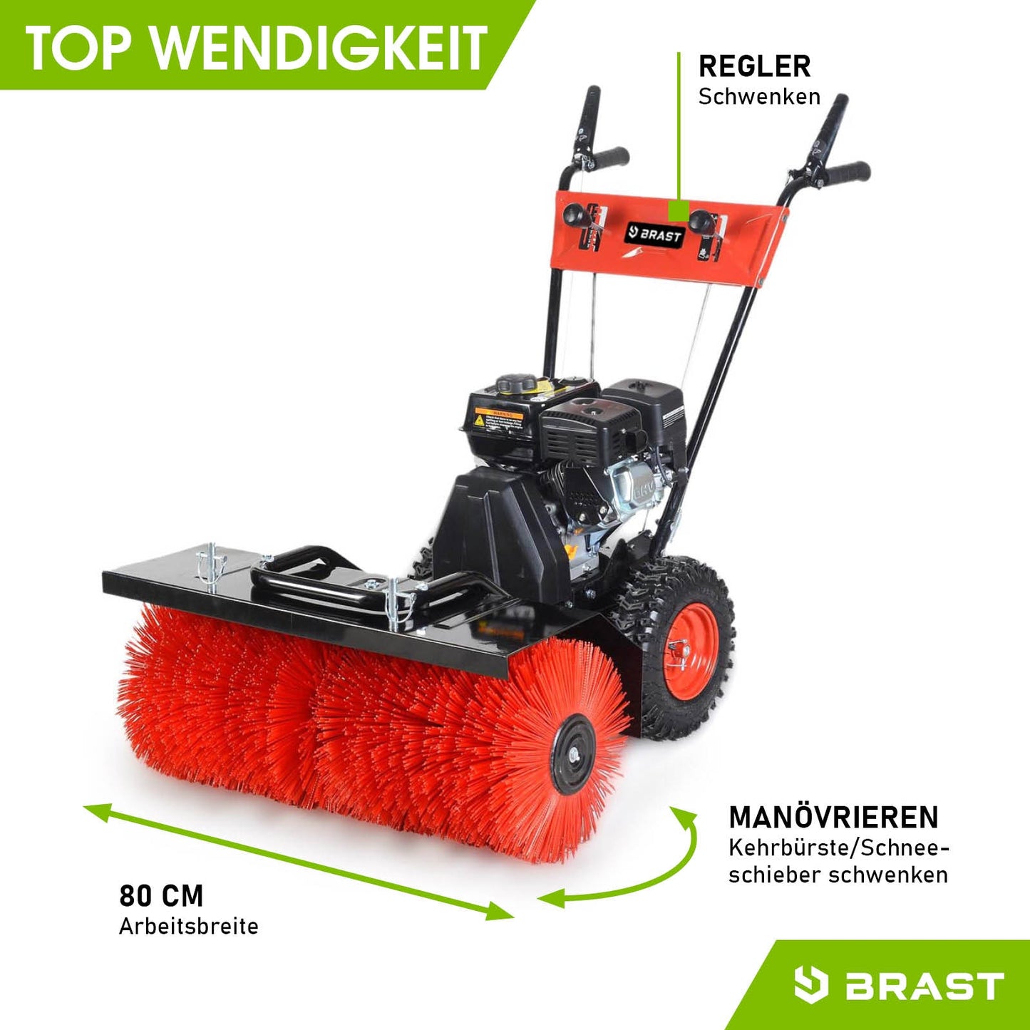 Rote Kehrwalze an Benzin Kehrmaschine mit breitem Arbeitsbereich und schwenkbarem Motorbesengriff.