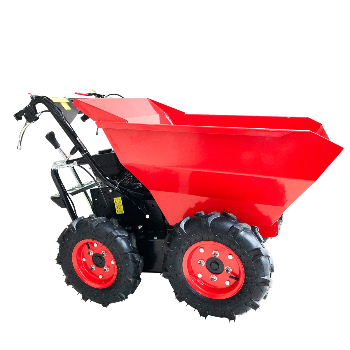 Rote Benzin-Motorschubkarre mit großem Muldenkasten und robusten Offroad-Reifen.