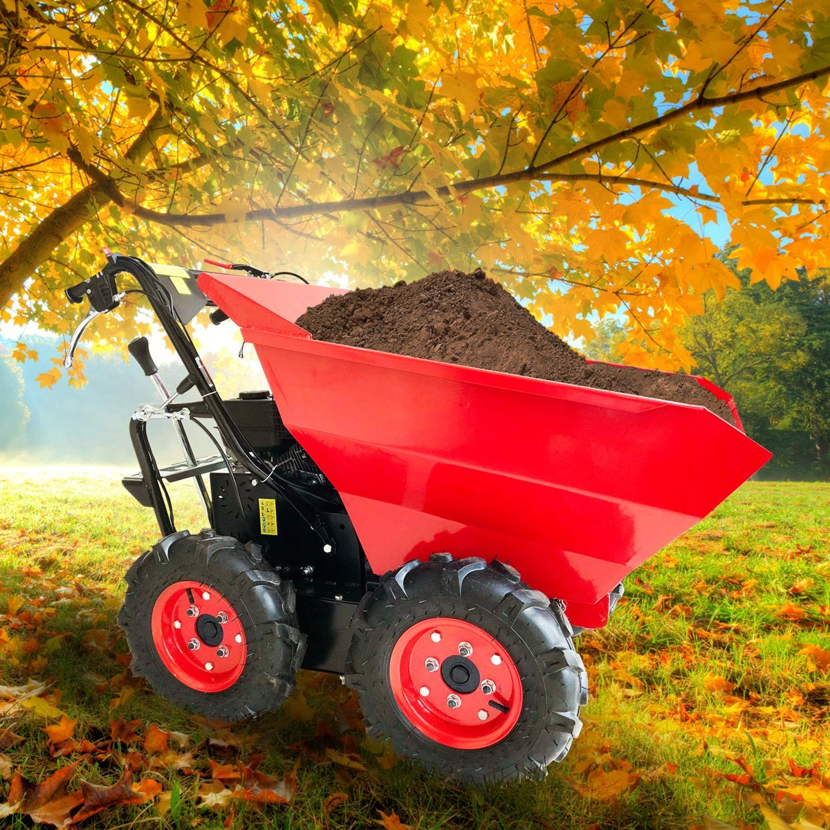 Rote Benzin-Motorschubkarre mit großem Kippbehälter und robusten Reifen voll Erde im Herbstlaub.