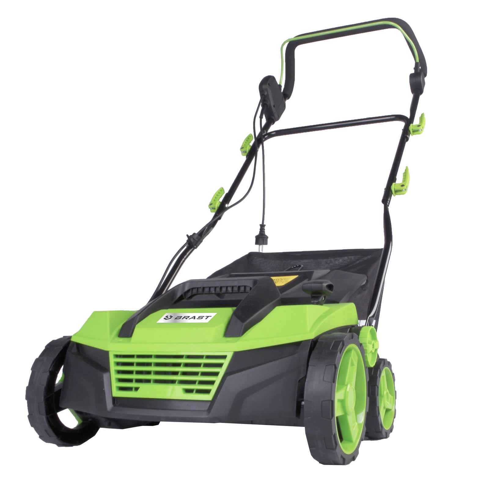 Grüner Elektro Rasenvertikutierer mit Radantrieb, klappbarem Griff und Fangsack, Garten Vertikutierer und Rasenlüfter.