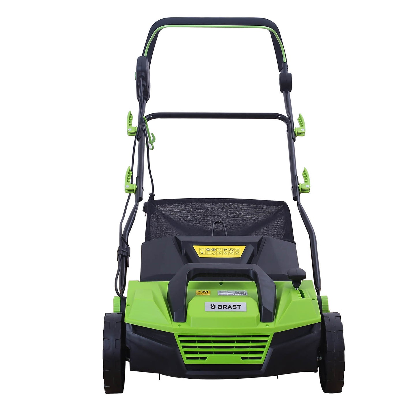 Grüner BRAST 2in1 Elektro Rasenvertikutierer mit Radantrieb und schwarzem Fangkorb, Garten Vertikutierer.