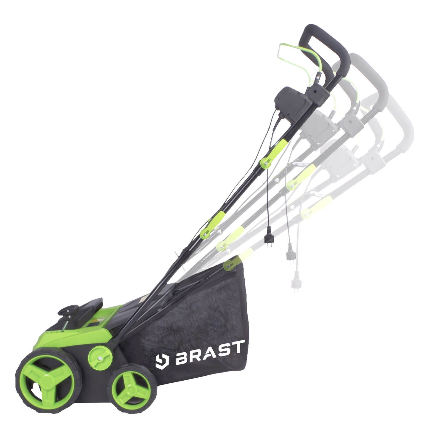 Grüner BRAST 2in1 Elektro Rasenvertikutierer mit Radantrieb und klappbarem Griff, Garten Vertikutierer.