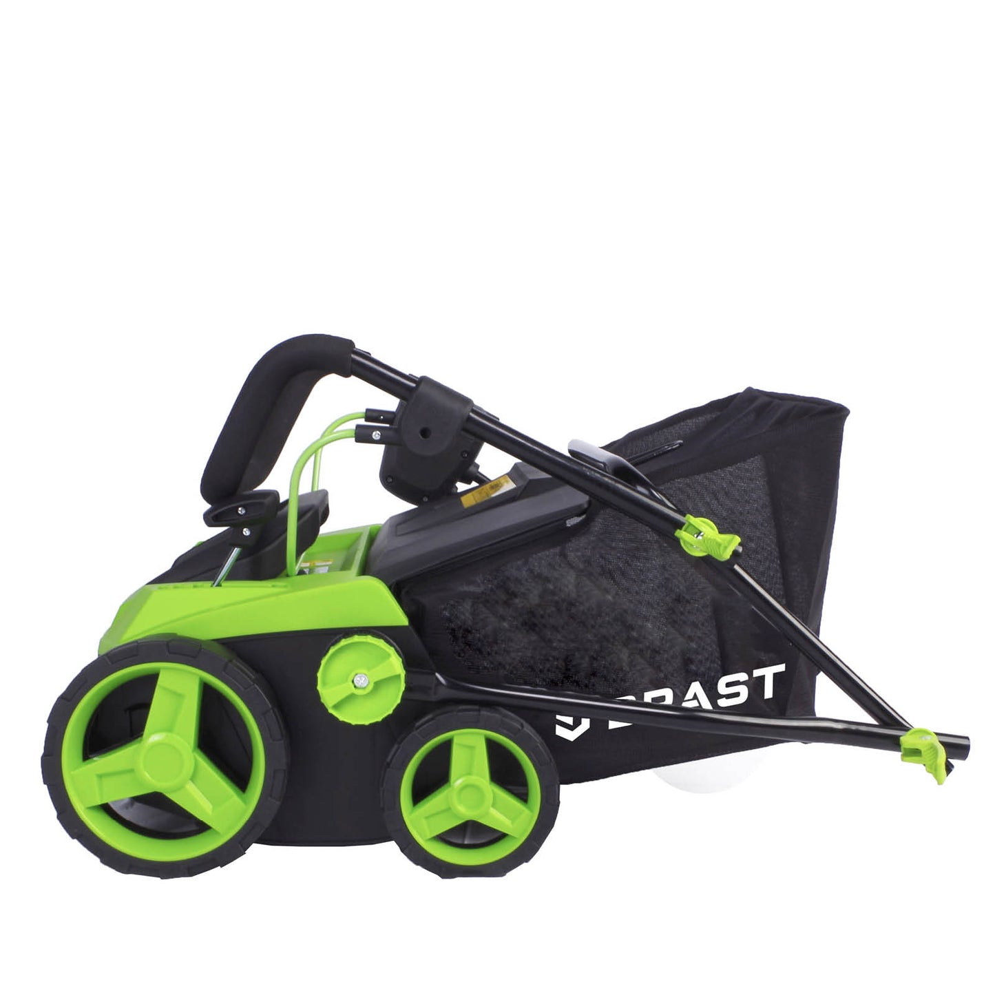 Grüner BRAST 2in1 Rasenvertikutierer mit Radantrieb und schwarzem Fangkorb, Elektro-Gartenvertikutierer.