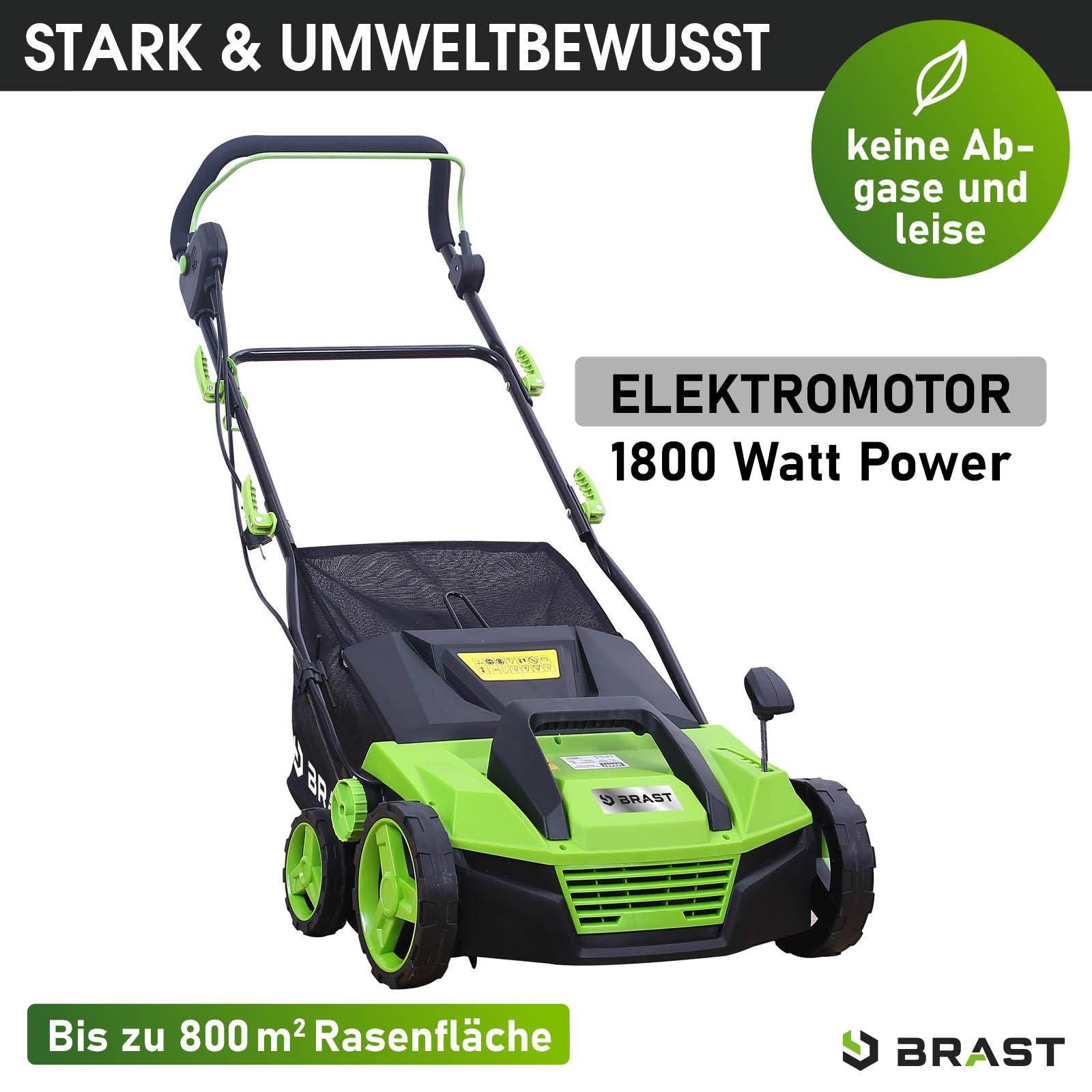 Grüner BRAST 2in1 Elektro Rasenvertikutierer mit 1800 Watt Elektromotor und Radantrieb, Rasenlüfter Benzin Alternative.