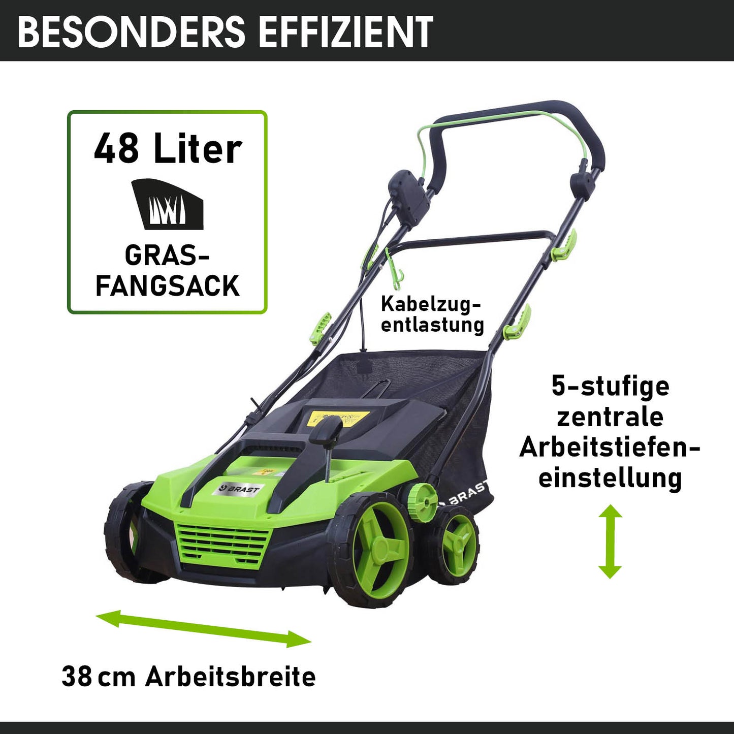 Grüner Elektro Rasenvertikutierer mit 48-Liter Grasfangsack und 5-stufiger Arbeitstiefeneinstellung, Vertikutierer mit.