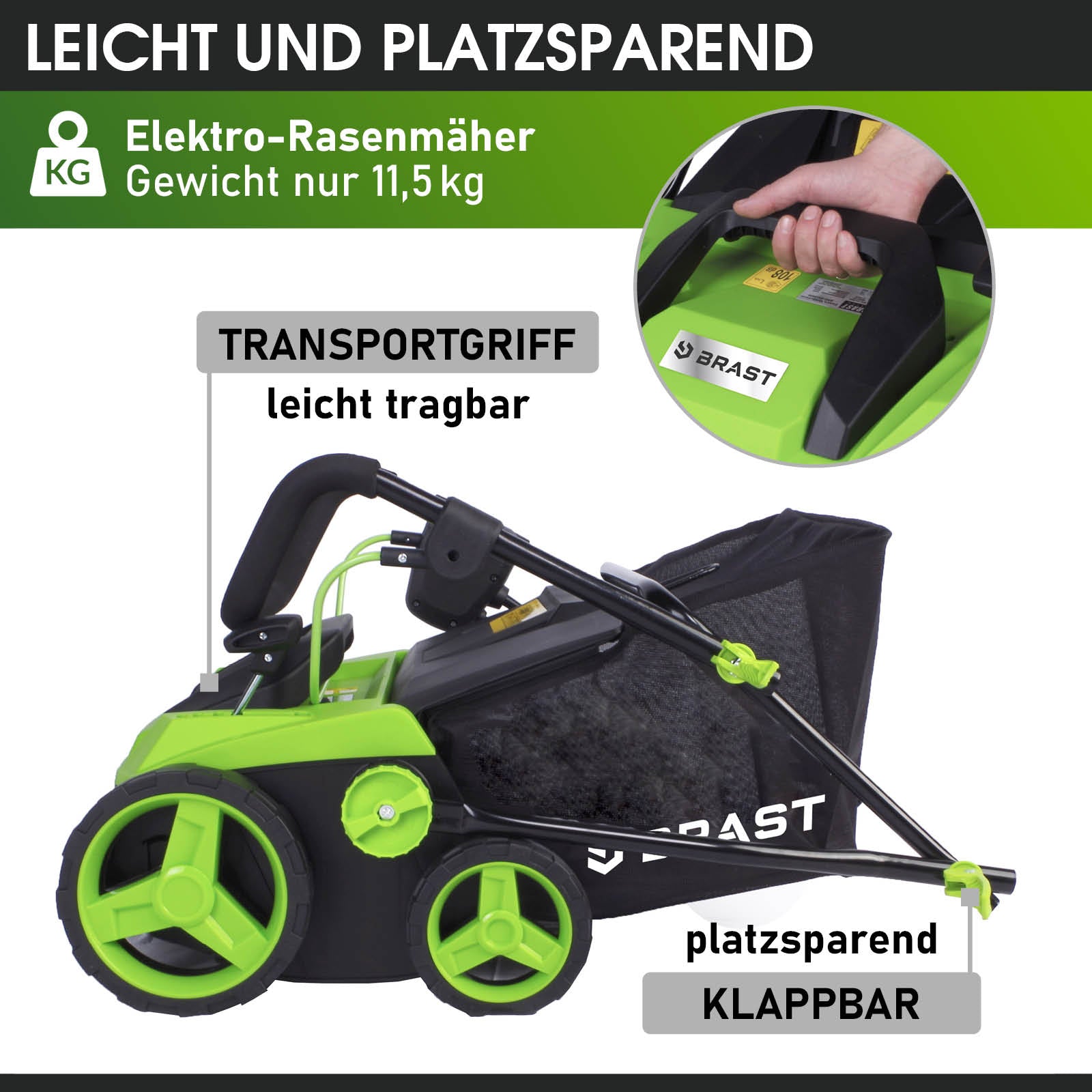 Grüner Elektro Rasenvertikutierer mit klappbarem Griff und Radantrieb, kompakt und leicht.