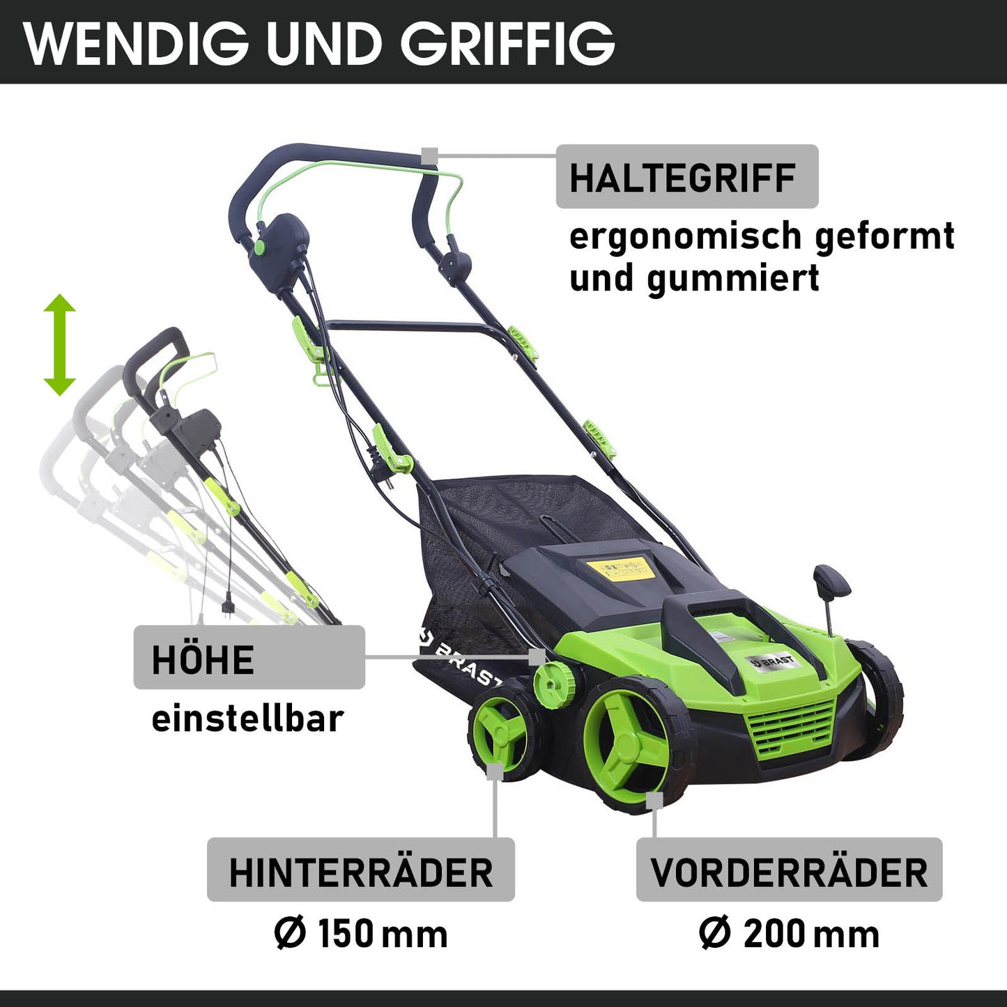 Grüner Elektro Rasenvertikutierer mit einstellbarem Griff, Radantrieb, 200 mm Vorderrädern und 150 mm Hinterrädern, Garten.