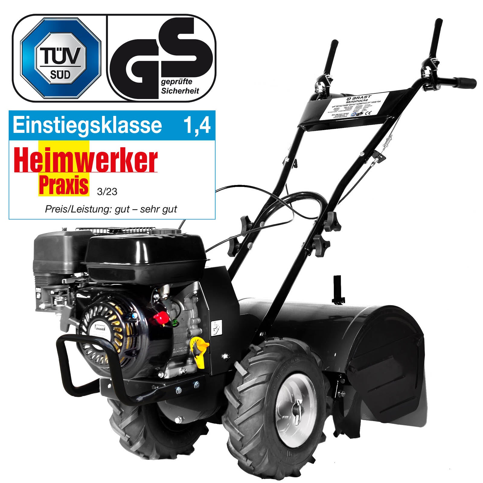 BRAST Benzin Motorhacke mit kraftvollem Motor, robusten Reifen, ideal als Gartenfräse und Bodenfräse Gartenfräse Pflug.