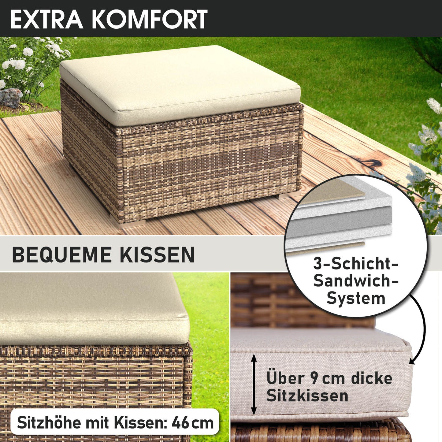 Brauner Polyrattan Hocker mit 9 cm dickem cremefarbenem Sitzkissen für Loungemöbel Set Garten Lounge Möbel.