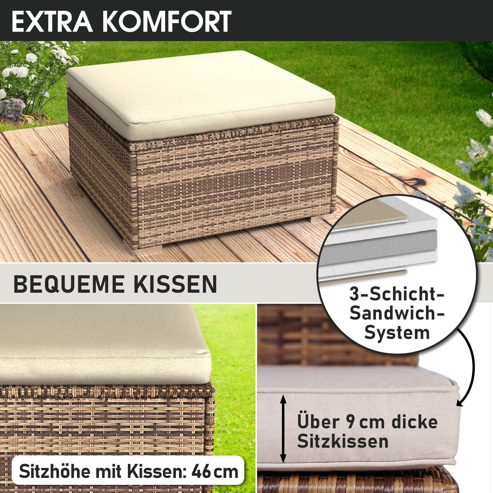 Brauner Polyrattan Hocker mit 9 cm dickem cremefarbenem Sitzkissen für Loungemöbel Set Garten Lounge Möbel.