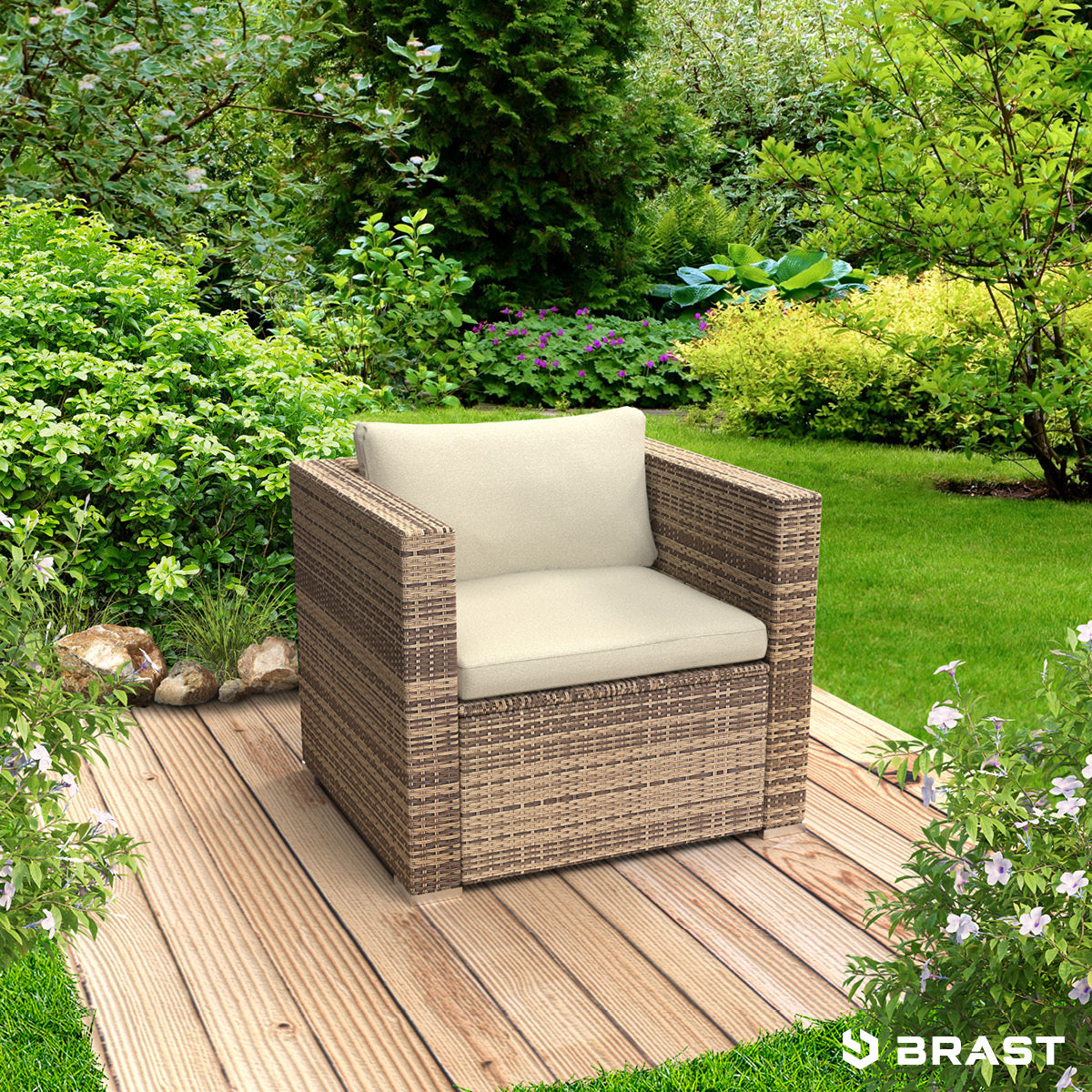 Polyrattan Einzelsessel mit 2 Armlehnen braun