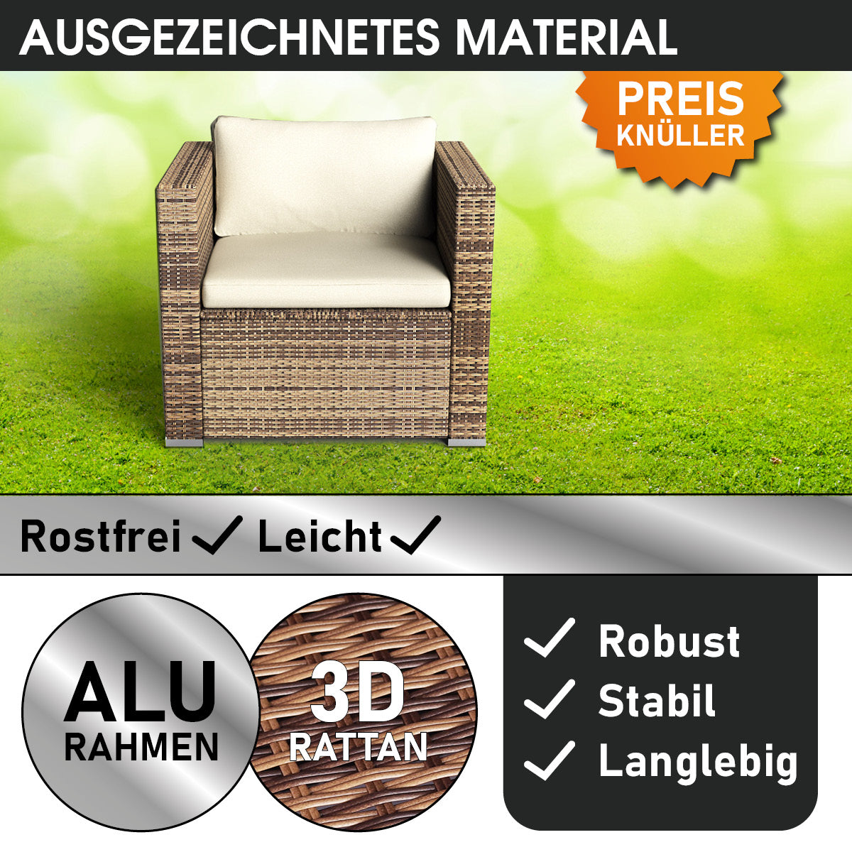 Polyrattan Einzelsessel mit 2 Armlehnen braun