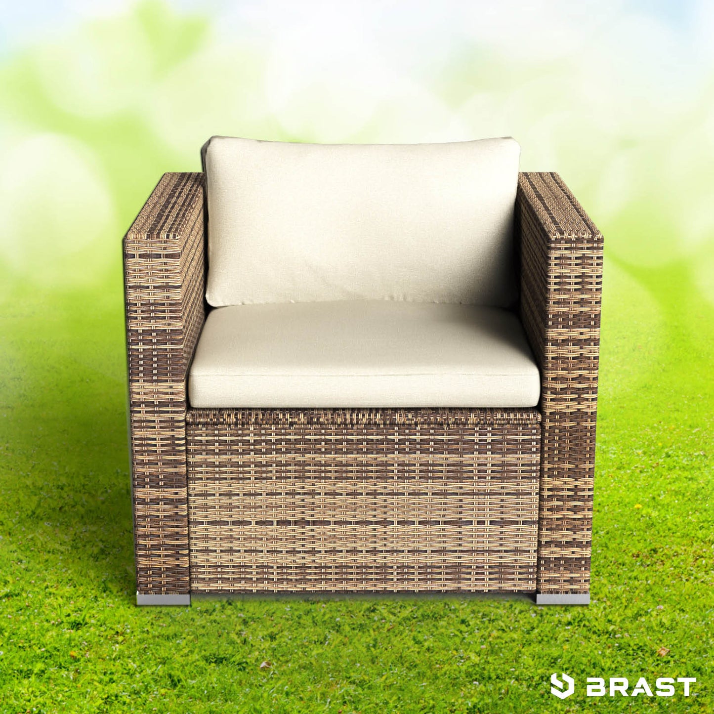 Brauner Polyrattan Einzelsessel mit cremefarbenen Kissen, Loungemöbel für Garten Lounge Möbel Set.