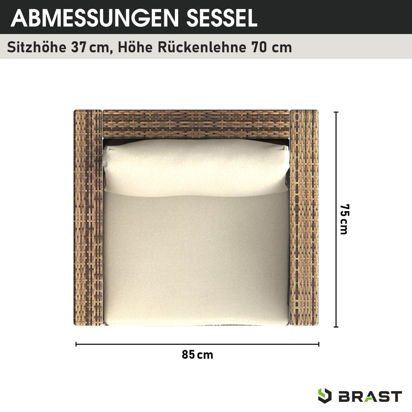 Brauner Polyrattan Einzelsessel mit beigen Polstern, Loungemöbel Set für Garten Lounge.