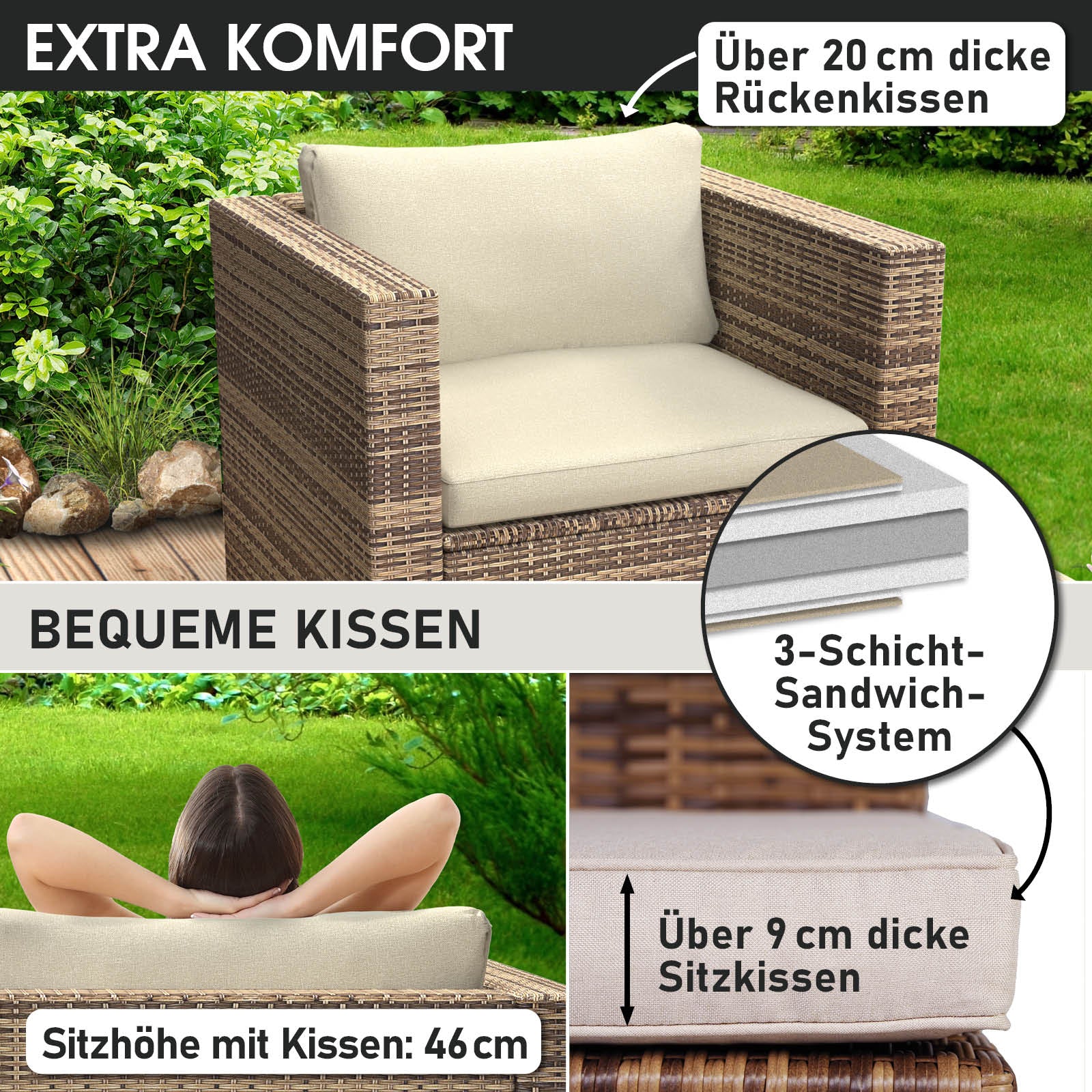 Brauner Polyrattan Einzelsessel mit dicken cremefarbenen Kissen, Teil eines Loungemöbel Sets für Garten Lounge Möbel.