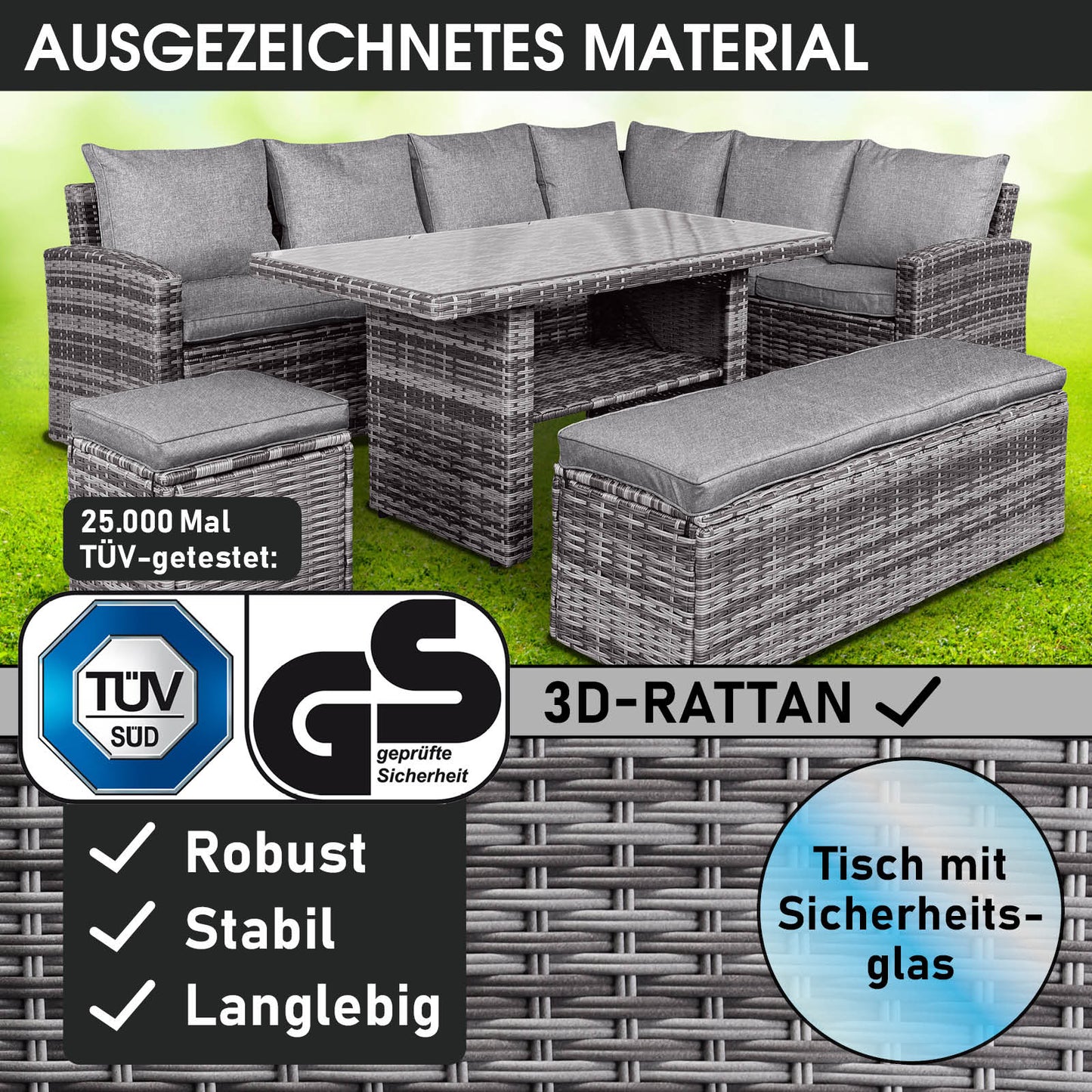 Poly-Rattan Gartengarnitur in Grau/Anthrazit mit Ecksofa, Kissen, Glas-Tisch und Hocker, stabile Balkon Sitzgruppe.