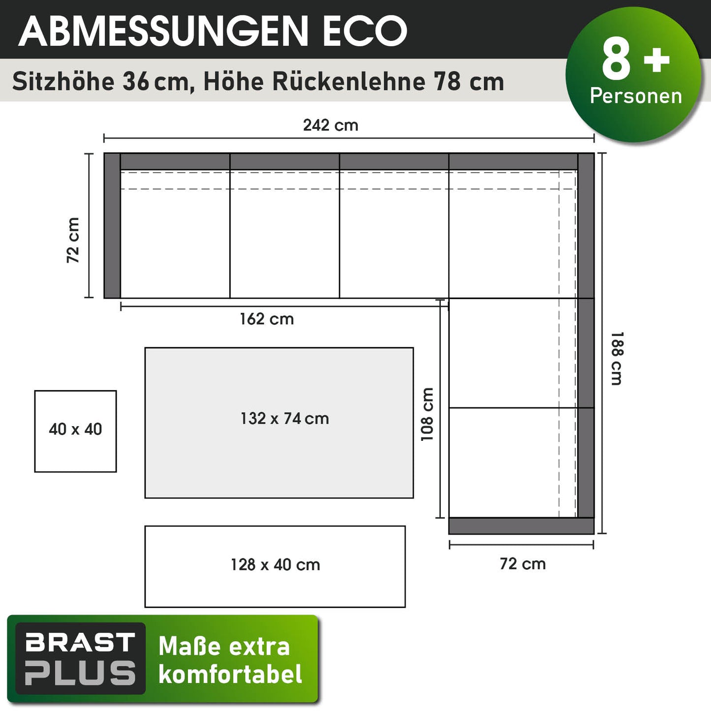 Graue Poly-Rattan Gartengarnitur Eck Sitzgruppe für Garten und Balkon mit Kissen für 8+ Personen.