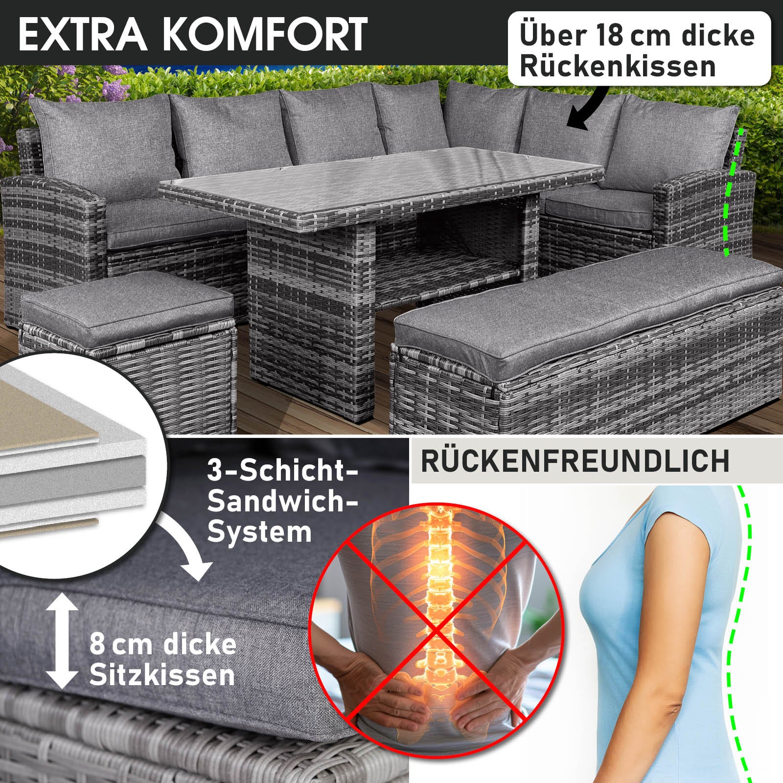 Poly-Rattan Eck Sitzgruppe ECO grau/anthrazit mit dicken Sitz- und Rückenkissen, rattan sitzgruppe gartenmöbel sitzgruppe.