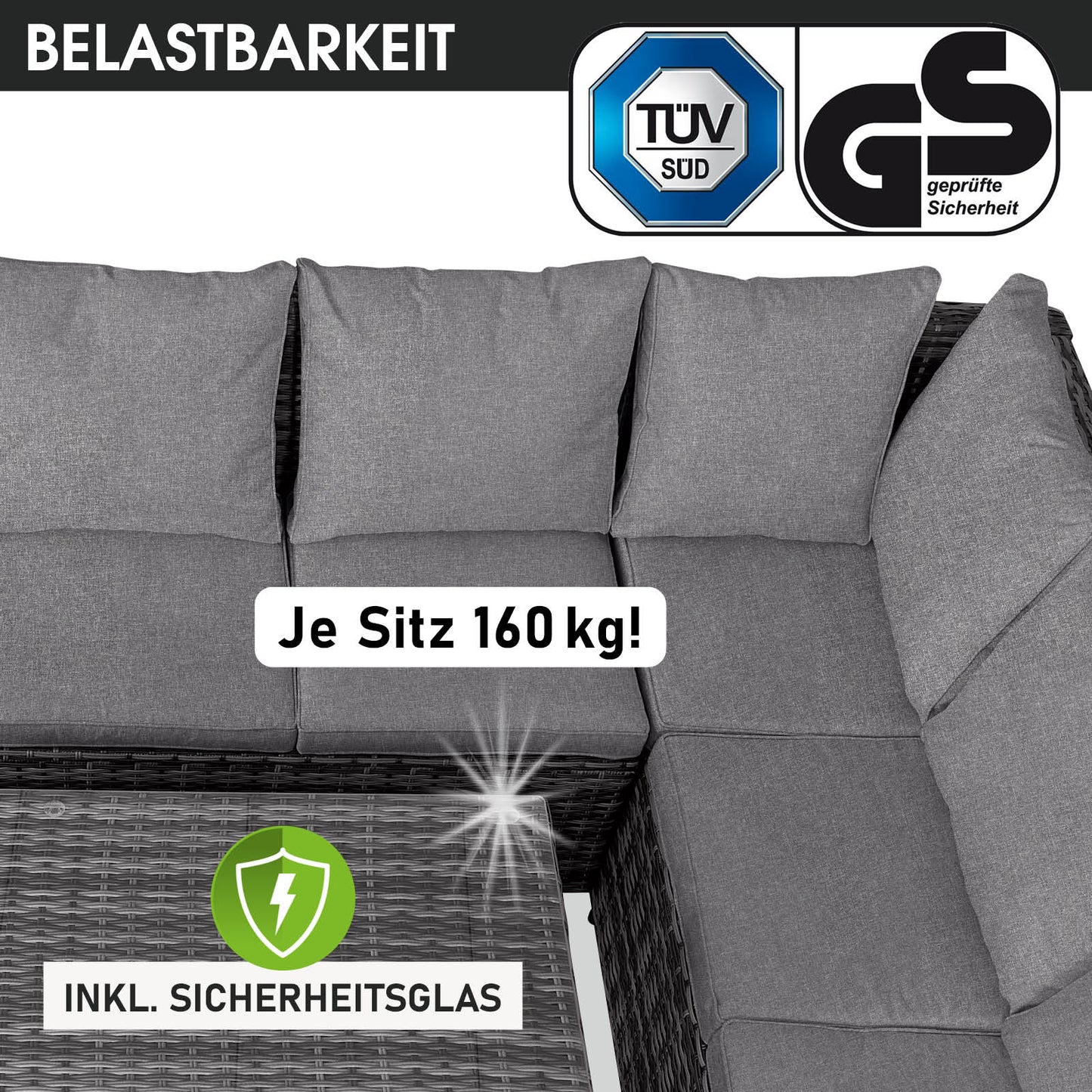 Poly-Rattan Eck Sitzgruppe ECO in Grau/Anthrazit mit grauen Kissen und Sicherheitsglas-Tischplatte, Gartengarnitur und.
